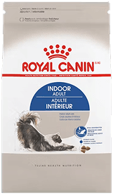 Bag of Royal Canin Indoor Adult cat food with product information and a sleek, modern design on the front.