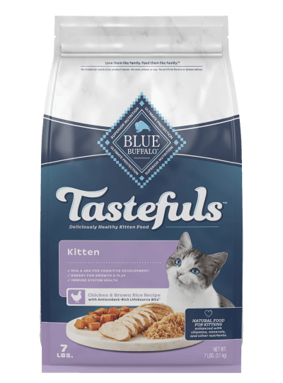 A 7-pound bag of Blue Buffalo Tastefuls kitten food, featuring a picture of a kitten and emphasizing chicken and brown rice ingredients for healthy growth.