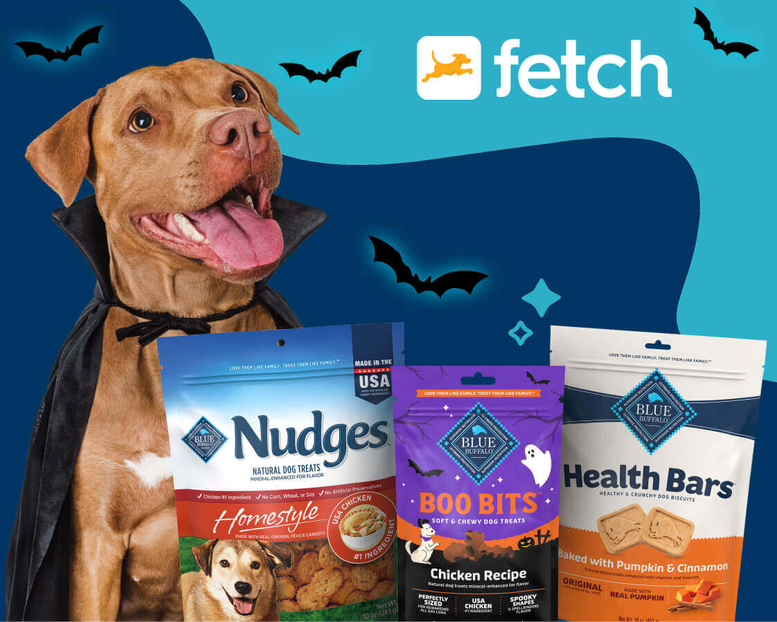 A brown dog has a cape on & is sitting next to packs of BLUE treats. Illustrated bats & a spider web are in the background.