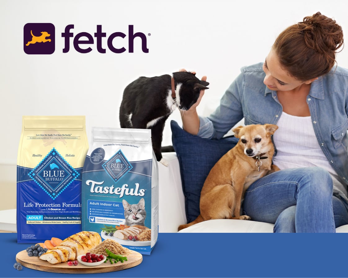 Woman on couch with a small dog petting a black and white cat behind Blue Buffalo products and ingredients and the Fetch logo