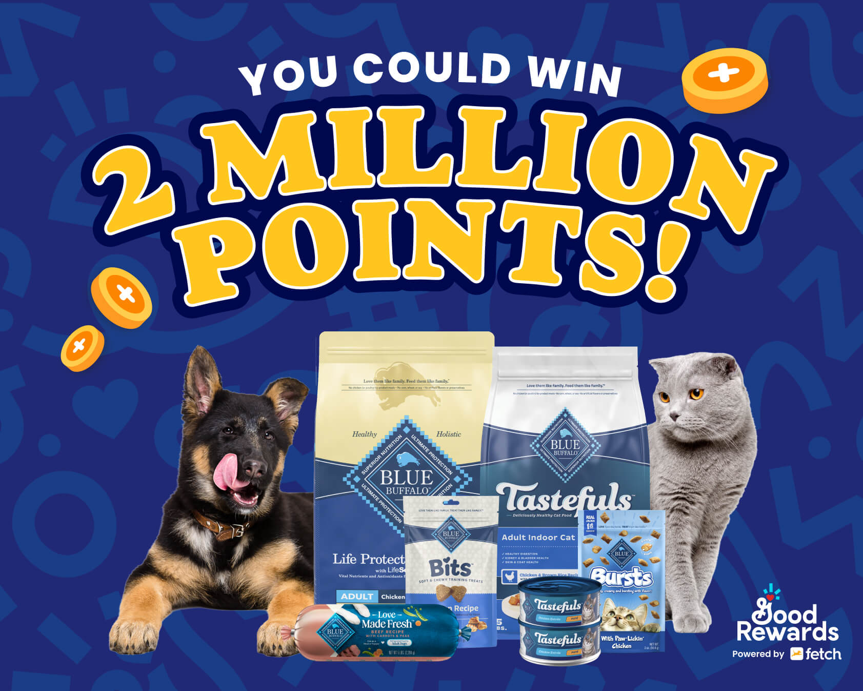 A German Shepherd puppy licking its mouth and a gray cat are next to various bags, rolls, and cans of BLUE pet food and treats.