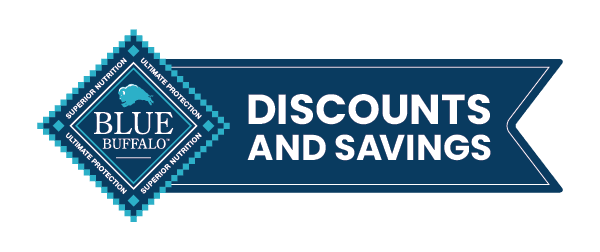 Blue Buffalo logo beside a banner reading DISCOUNTS AND SAVINGS