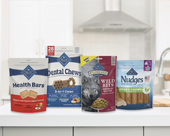 Four Blue Buffalo dog treat bags, including Health Bars, Dental Chews, Wilderness Wild Bits salmon recipe, and Nudges Jerky Chews