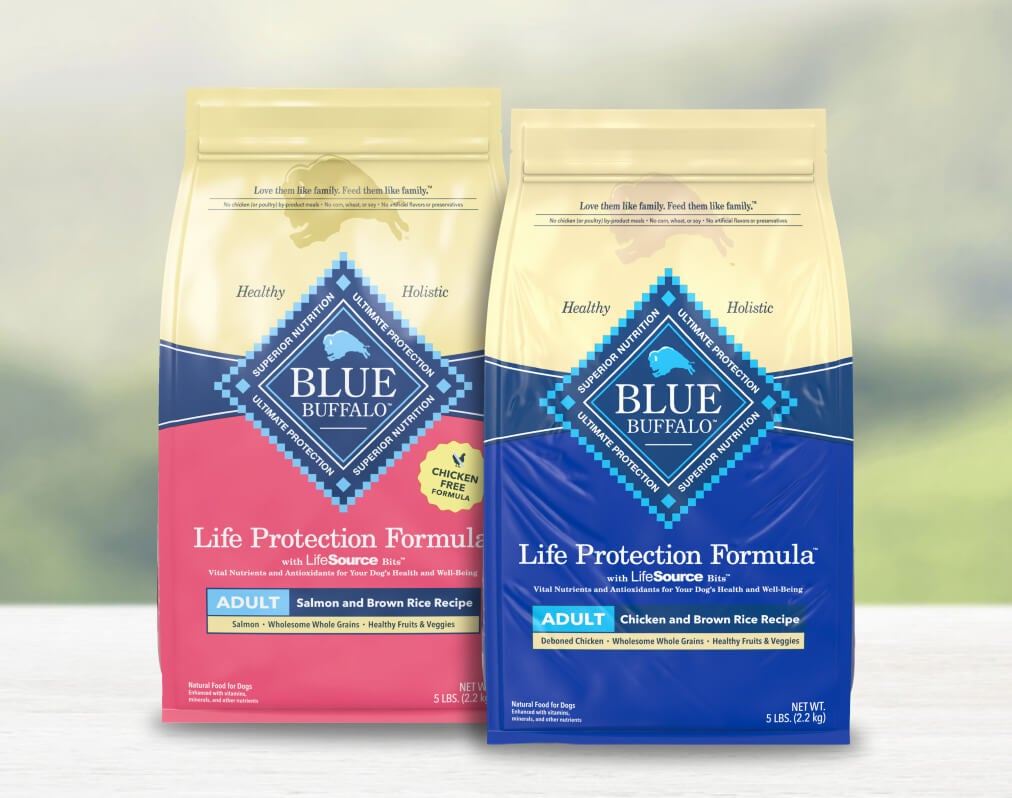 Two bags of Life Protection Formula adult dog food, Salmon and Chicken flavors, are shown side by side.