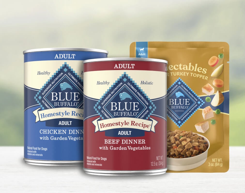 Chicken Dinner can, Beef Dinner can, and turkey topper pouch for adult dogs.