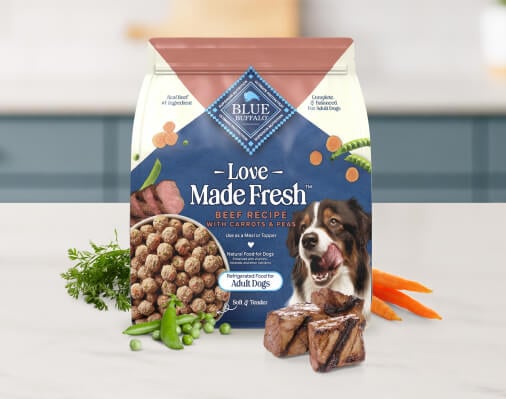 A bag of Love Made Fresh Meatballs prominently featuring a brown and white Border Collie sits on a counter. 