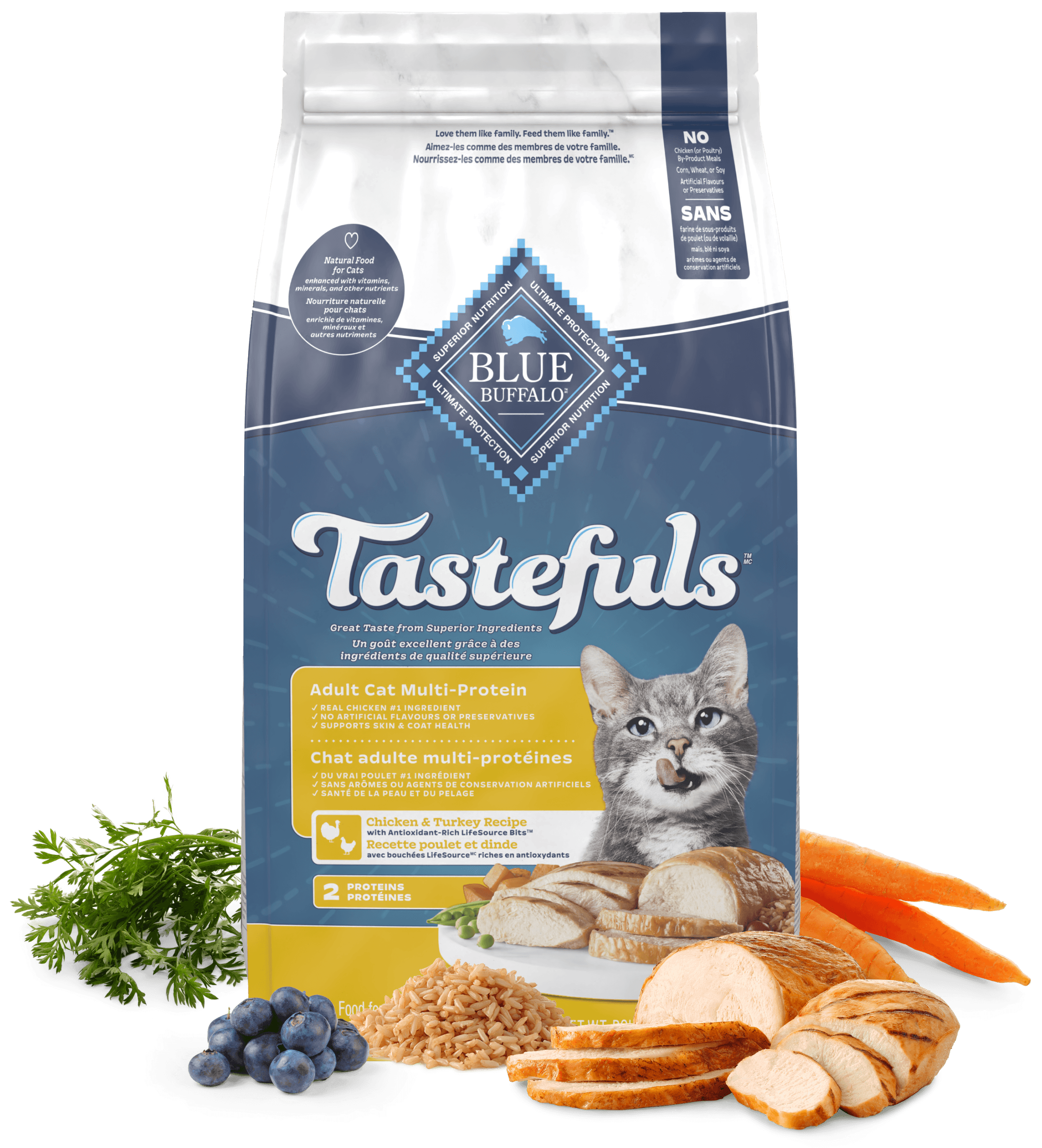 A bag of Tastefuls adult cat food with chicken, turkey, rice, carrots, blueberries, and parsley.