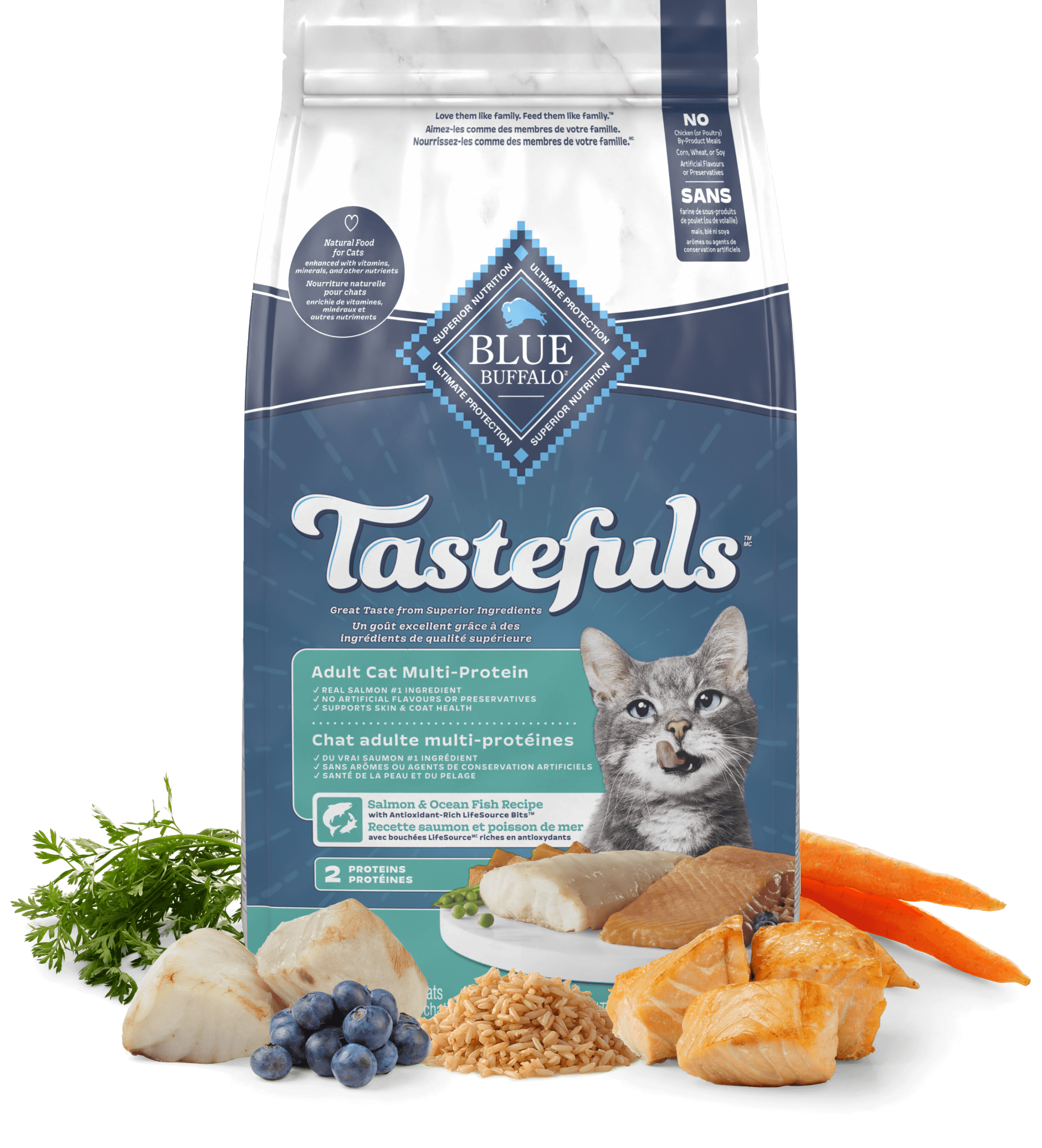 A bag of Tastefuls adult cat food surrounded by fish, carrots, herbs, and blueberries.