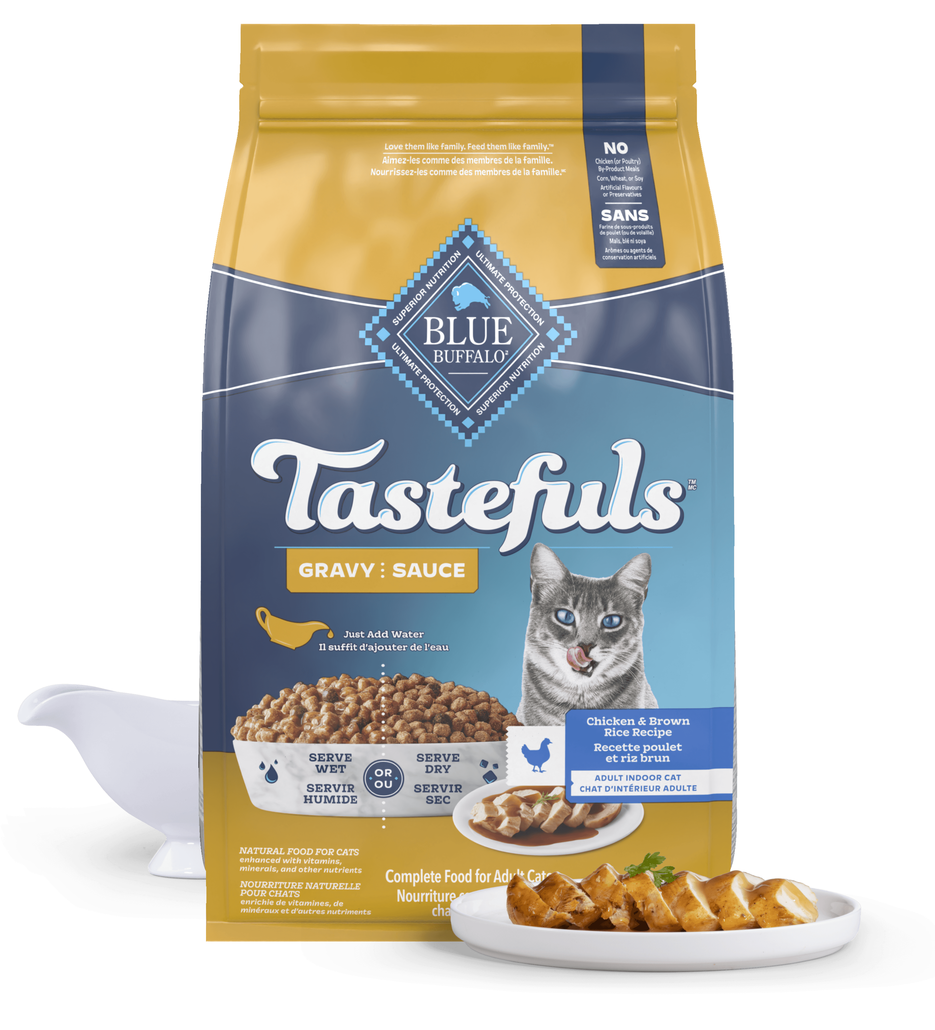 A bag of Tastefuls Gravy cat food, with a bowl and plate of chicken gravy in front.