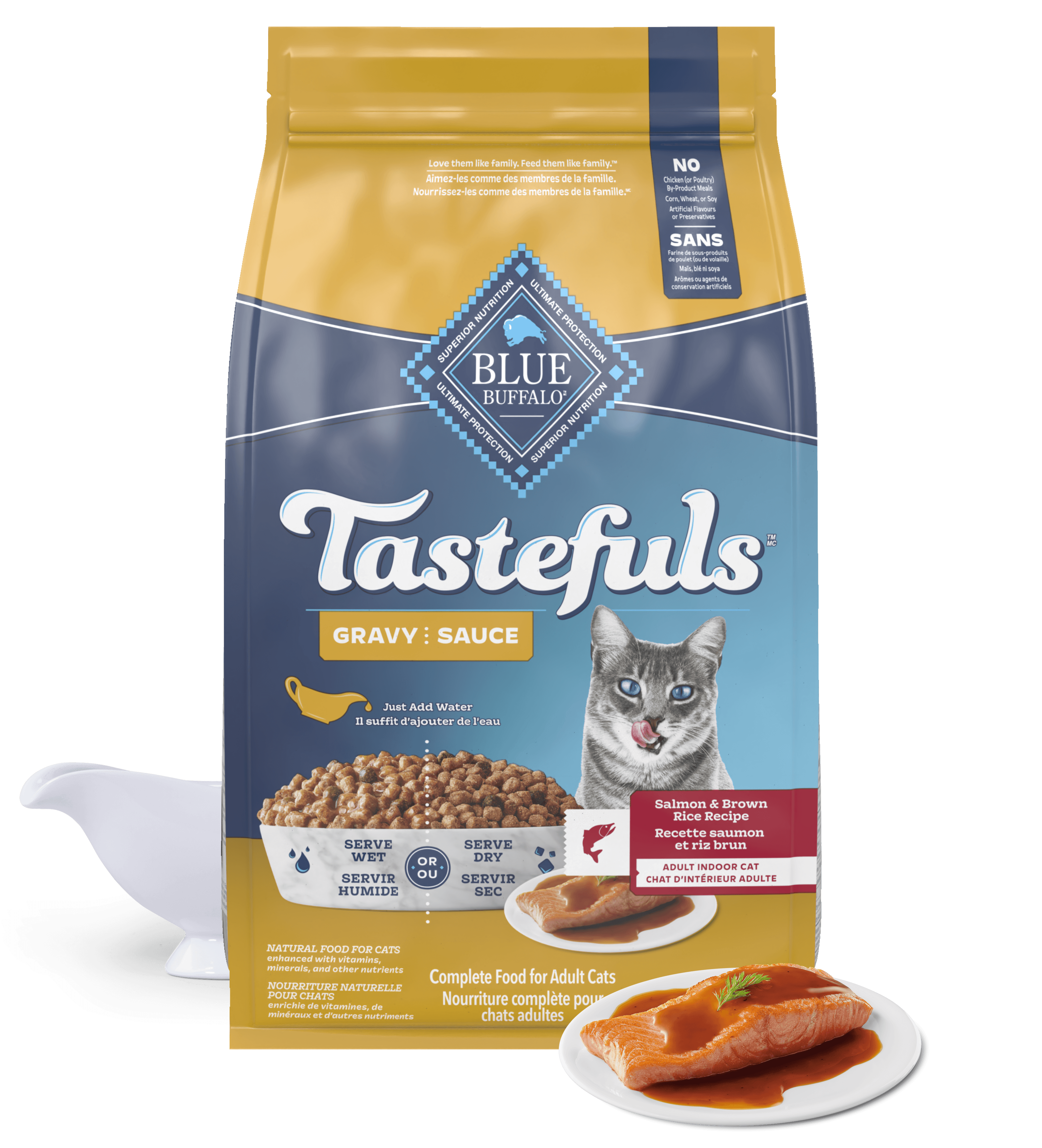 Bag of Tastefuls cat food with salmon, savory sauce, and a dish of gravy in front.