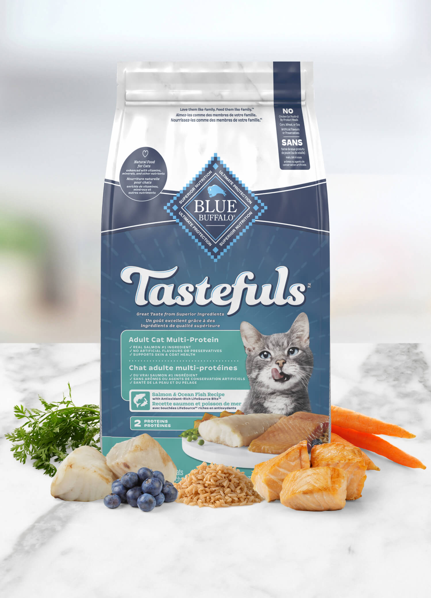 A bag of Tastefuls adult cat food features fish, chicken, carrots, and blueberries as ingredients.