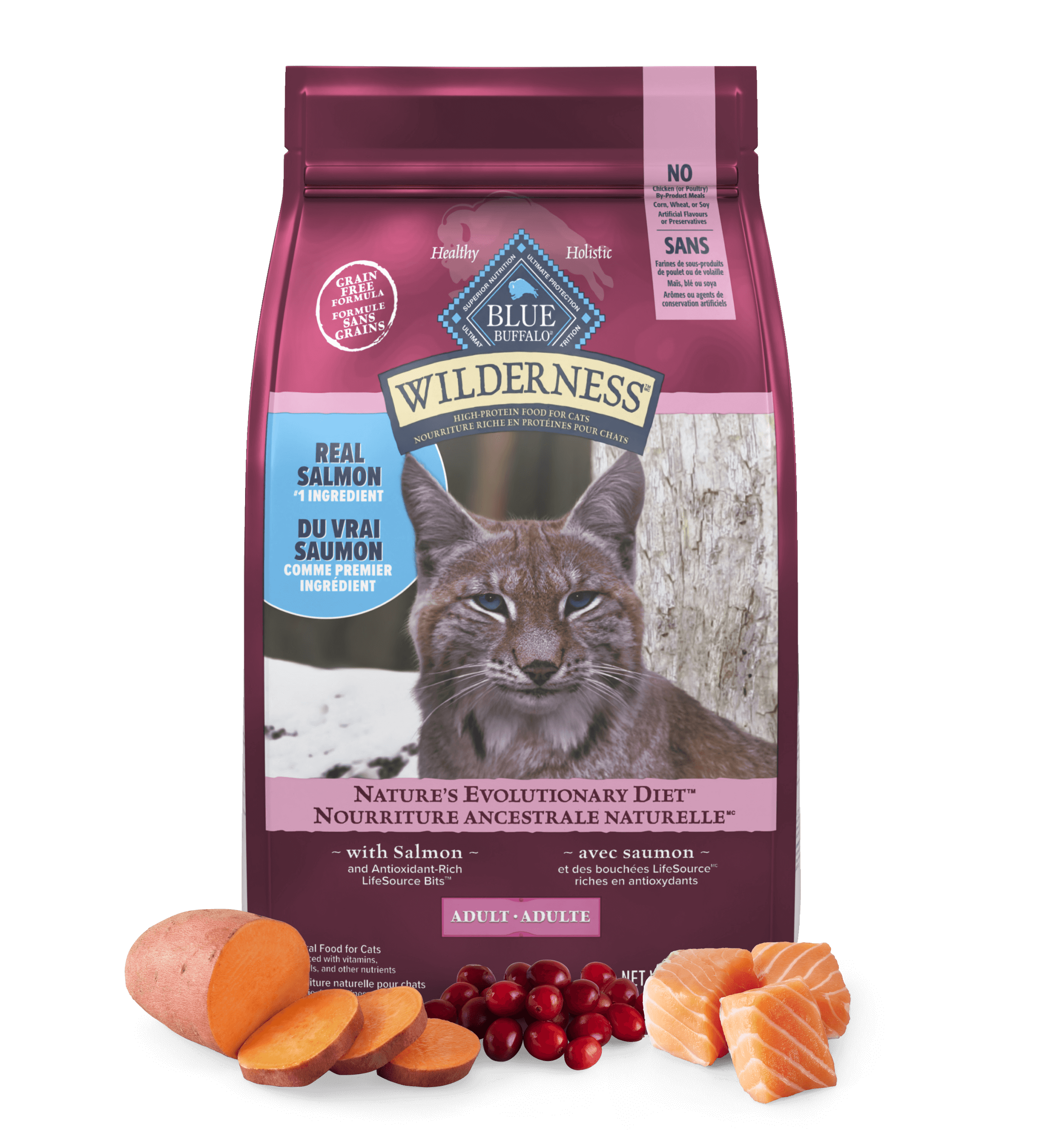 Bag of Blue Wilderness cat food with salmon, featuring a lynx silhouette on the package.