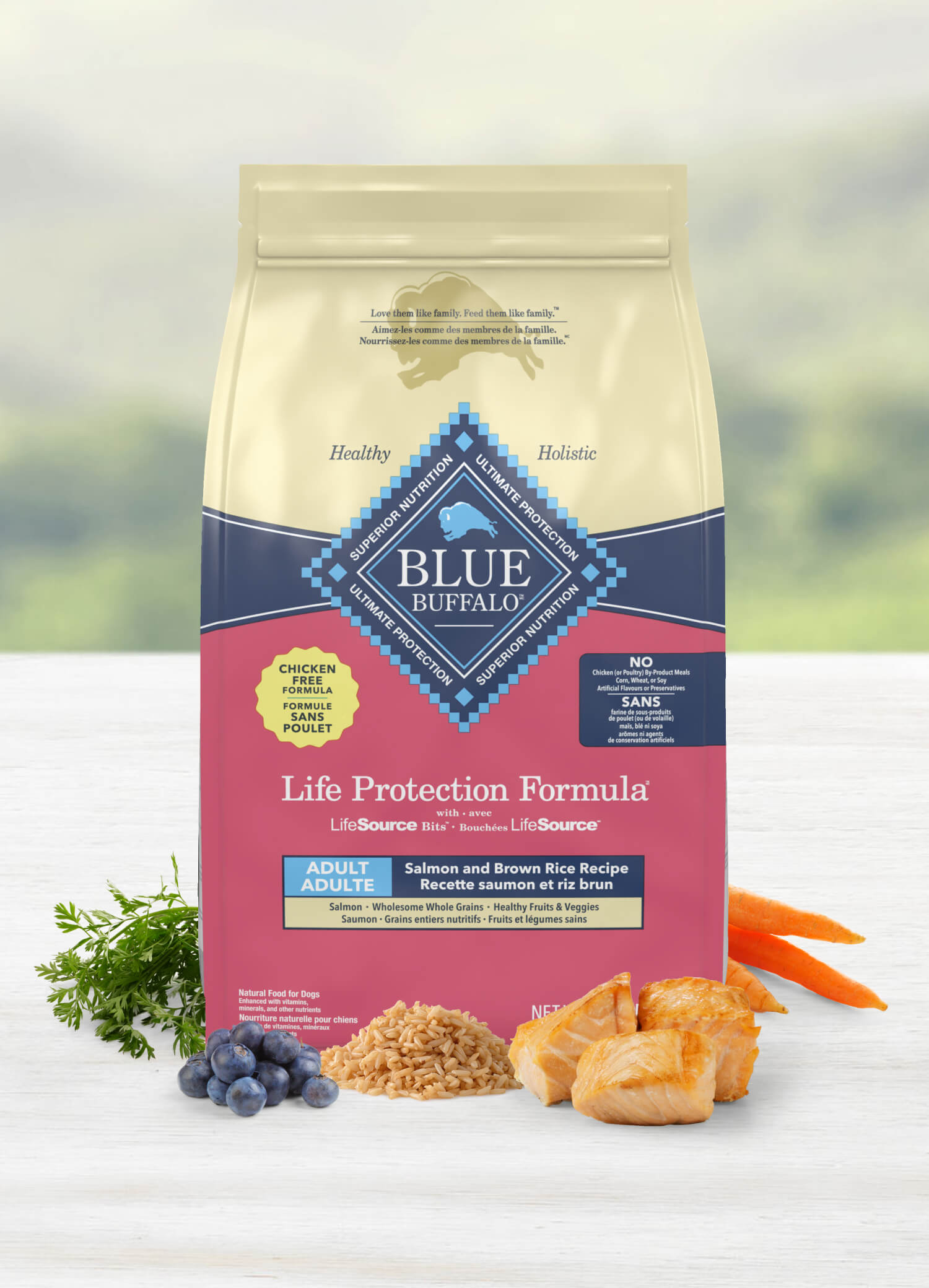 A bag of BLUE dry dog food is surrounded by fresh parsley, blueberries, grains, salmon fillets and carrots.