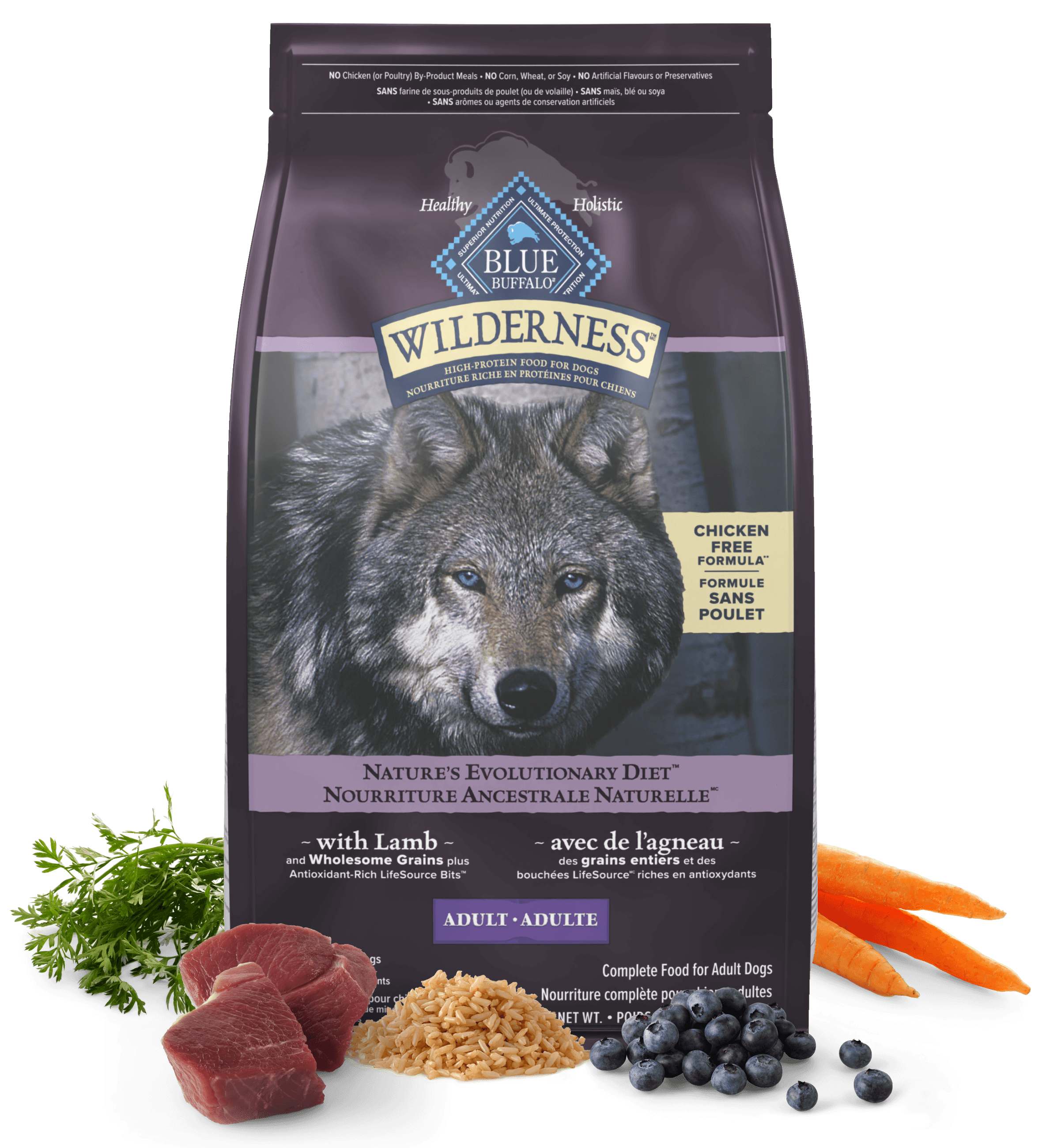 BLUE Wilderness Adult dog food bag with a wolf on the front, displayed with lamb, brown rice, carrots, and blueberries.