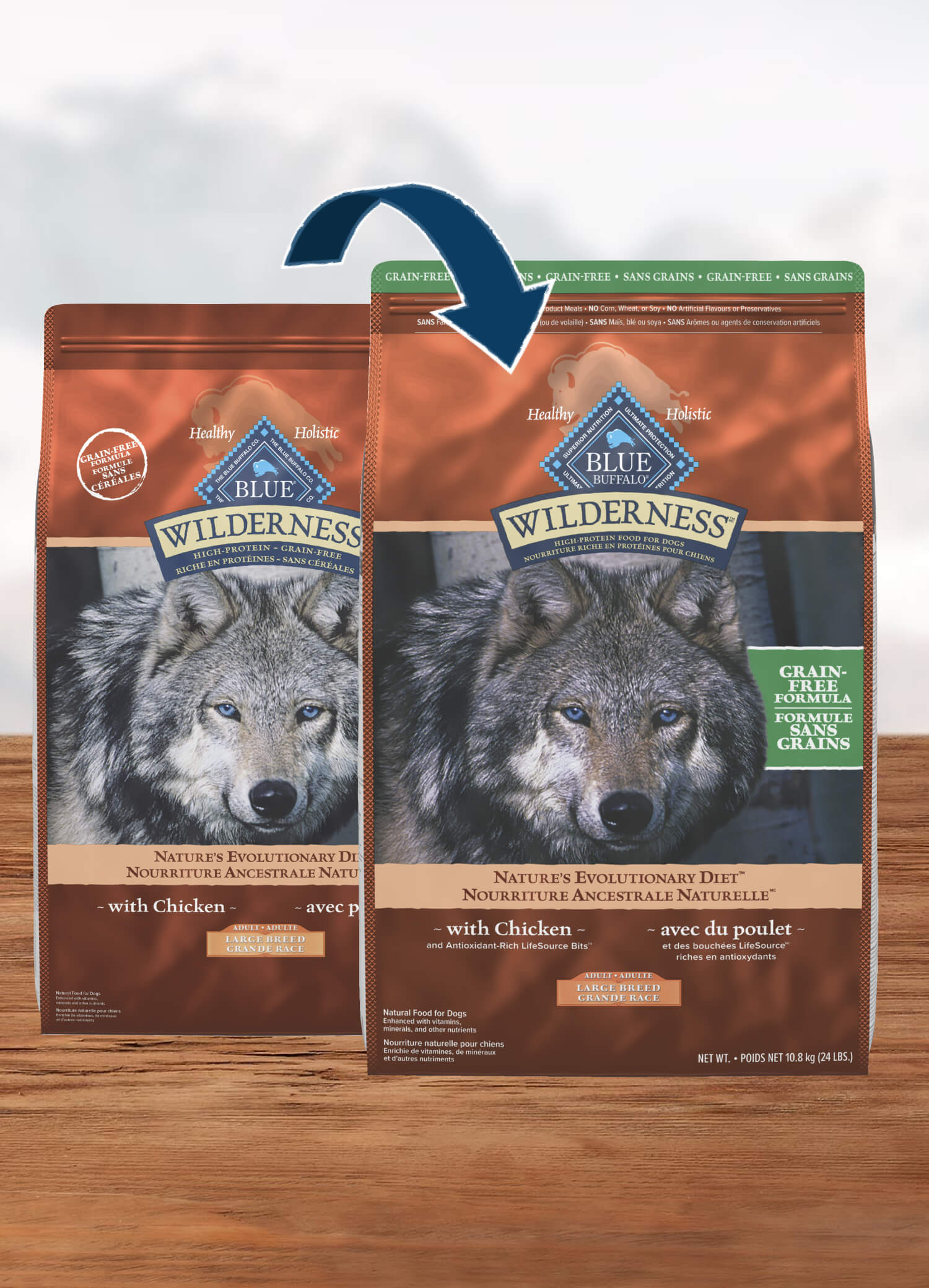 Displaying Two bags of Blue Buffalo Wilderness dog food with images of a gray wolf on the front, one for adult dogs and one for large breed dogs, highlighting grain-free ingredients and the packaging transition.