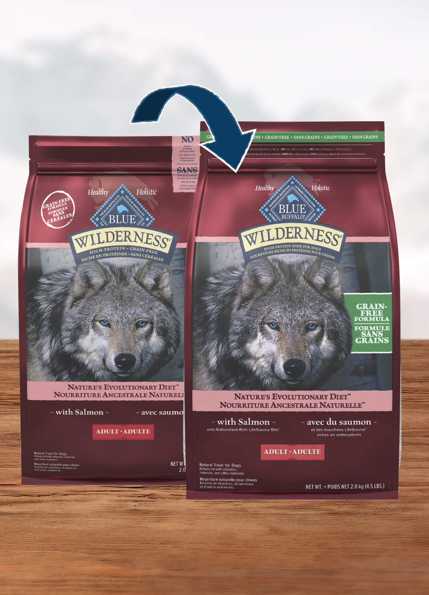 Image of two bags of Blue Buffalo Wilderness high-protein, grain-free dog food with an image of a wolf on the front and text highlighting the salmon ingredient and the packaging transition.