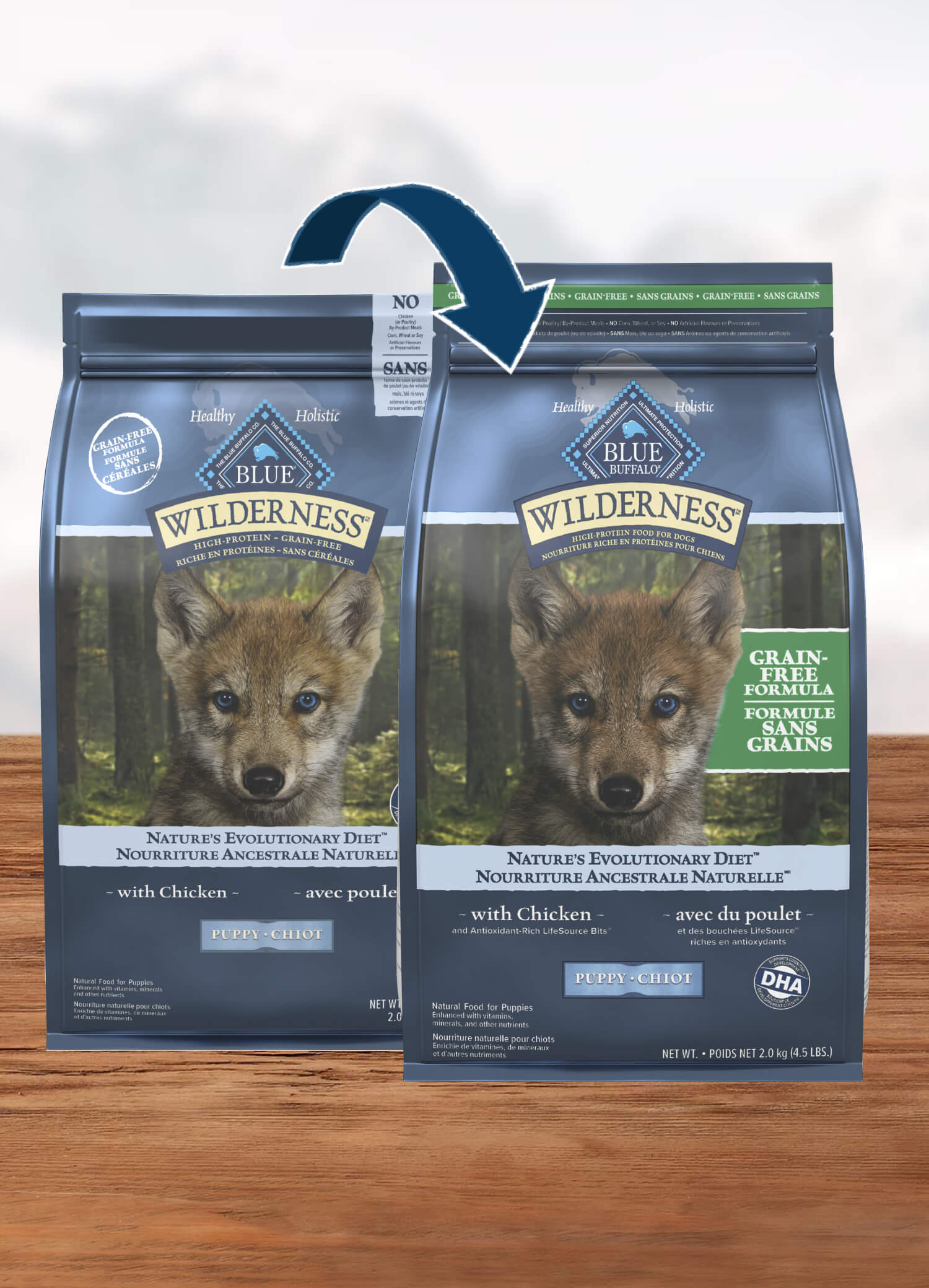 Displaying Two bags of Blue Buffalo Wilderness Puppy Chicken Formula dog food with a wolf puppy image; grain-free and high-protein claims, transitioning from standard to updated packaging.