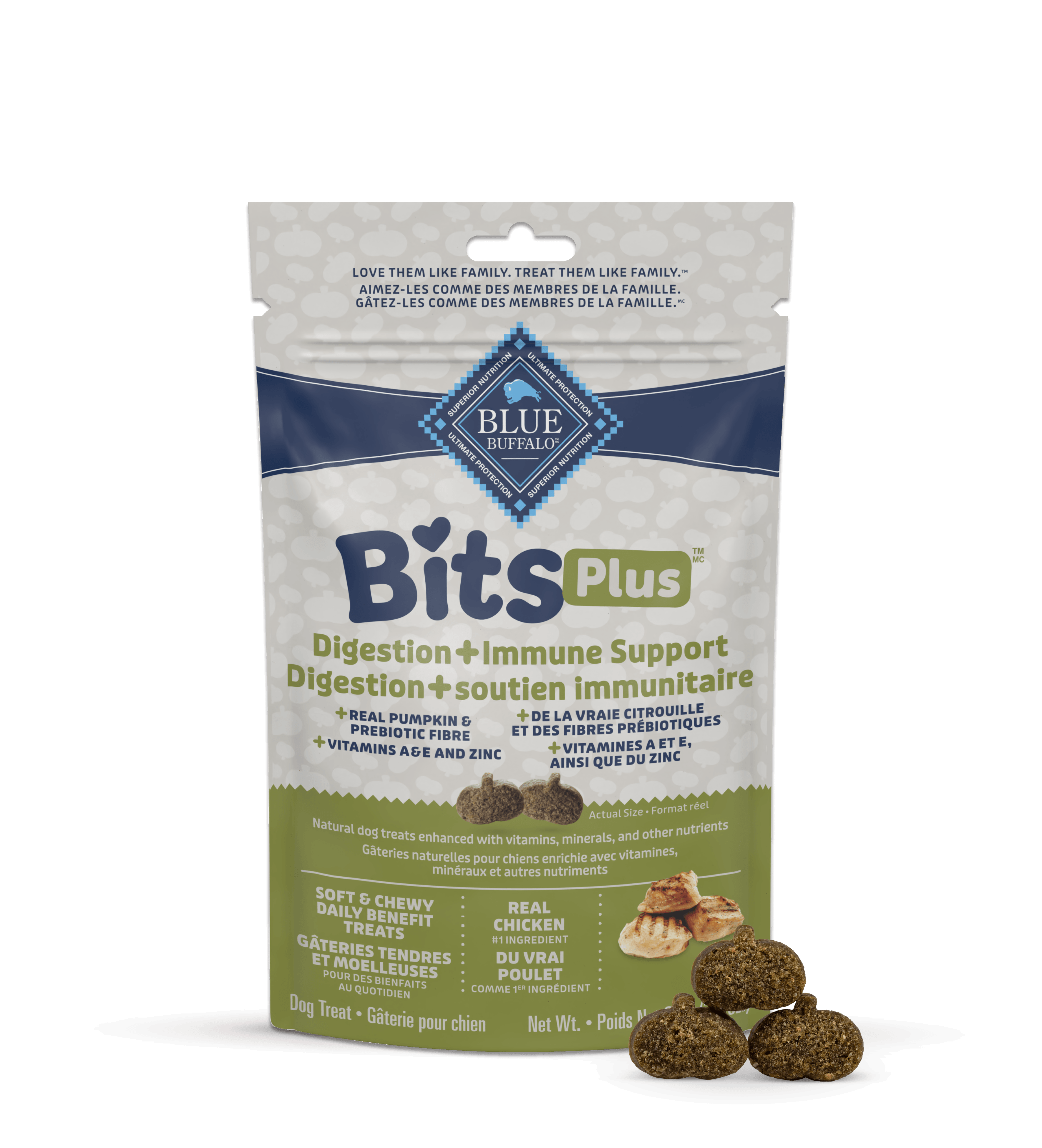 White and green package of BLUE Bits Plus Digestion + Immune Support dog treats.