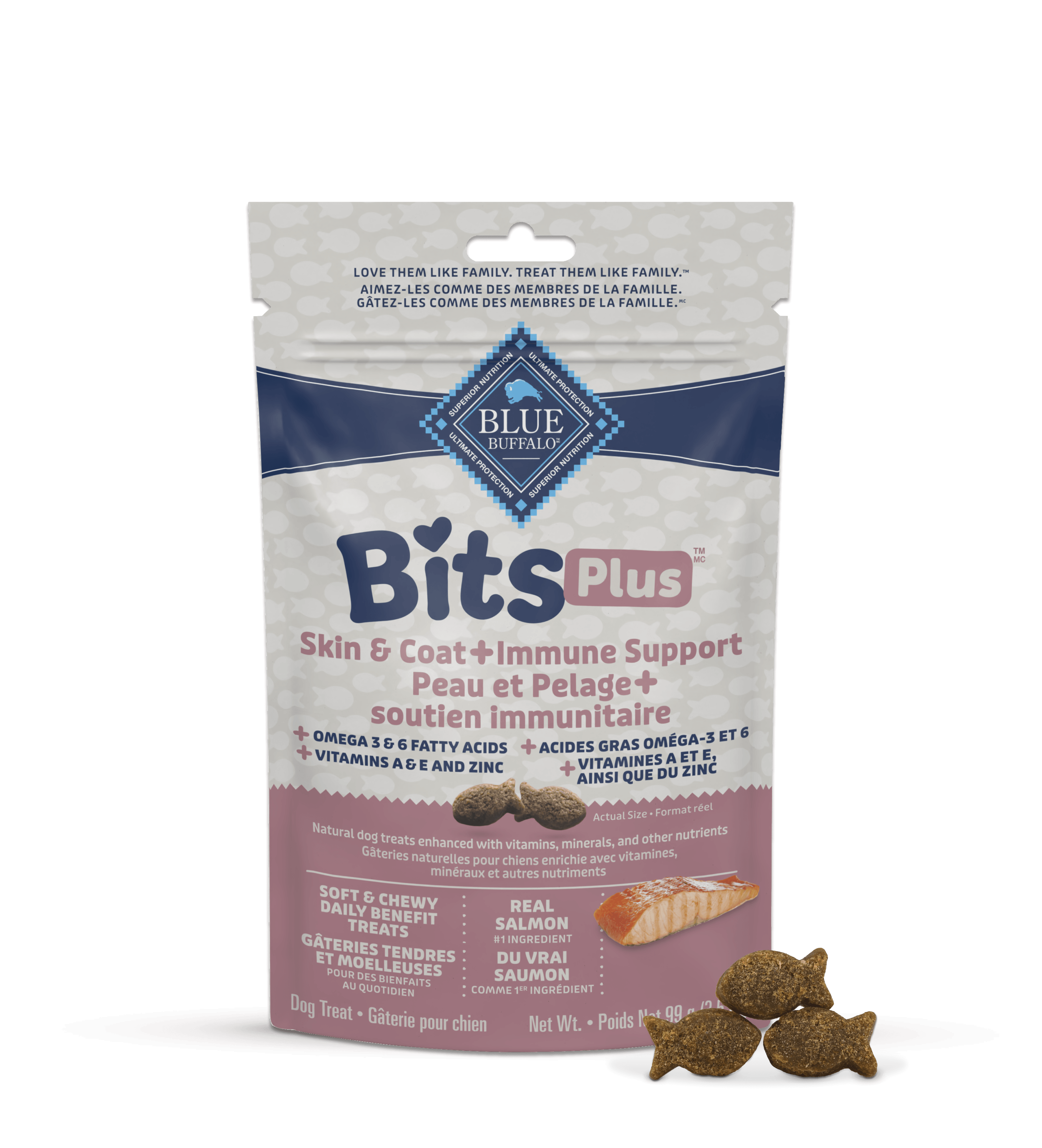 White and pink package of BLUE Bits Plus Skin & Coat + Immune Support dog treats.
