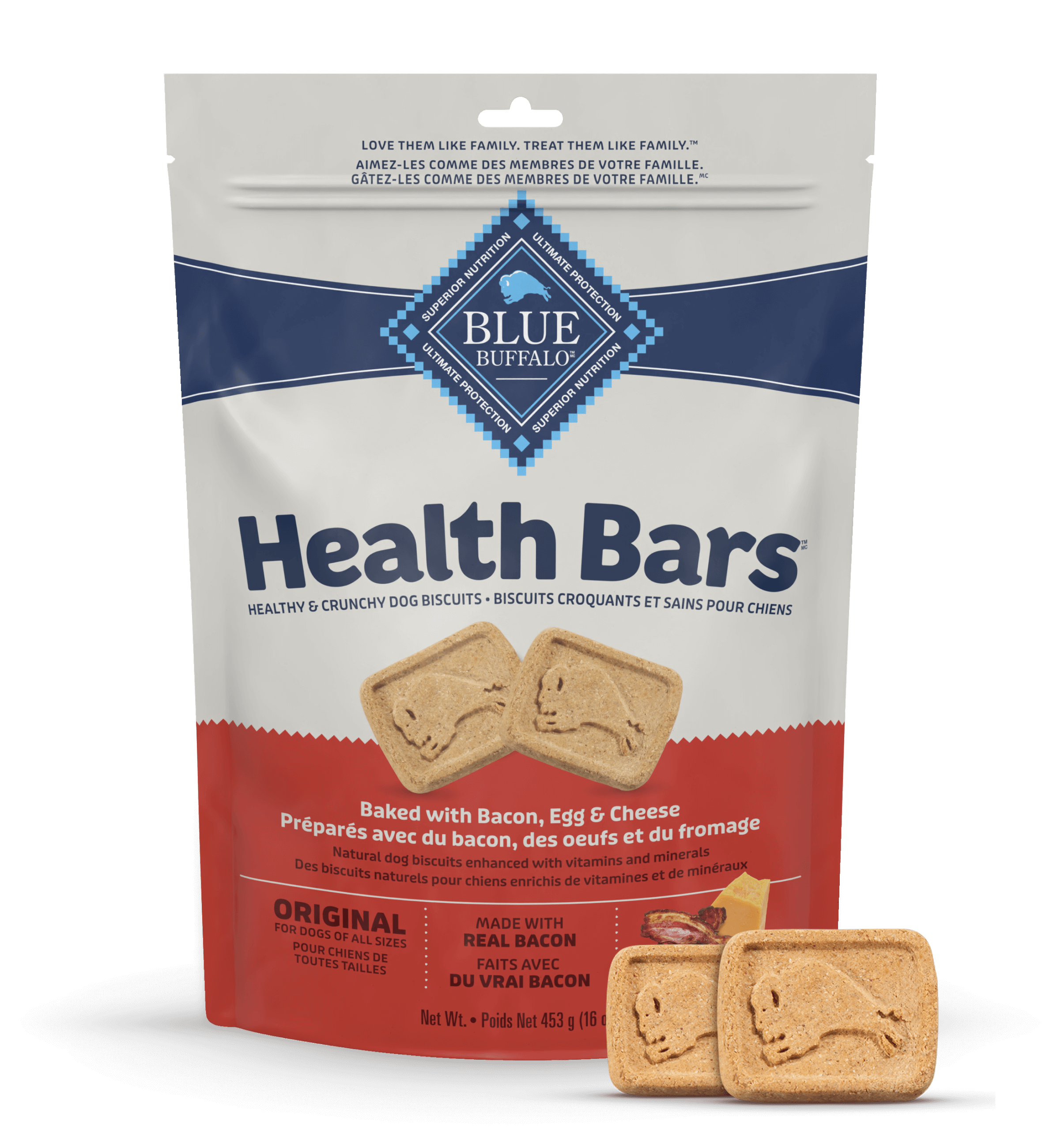 A Blue Buffalo Health Bars dog treat package, bacon, egg & cheese flavored.