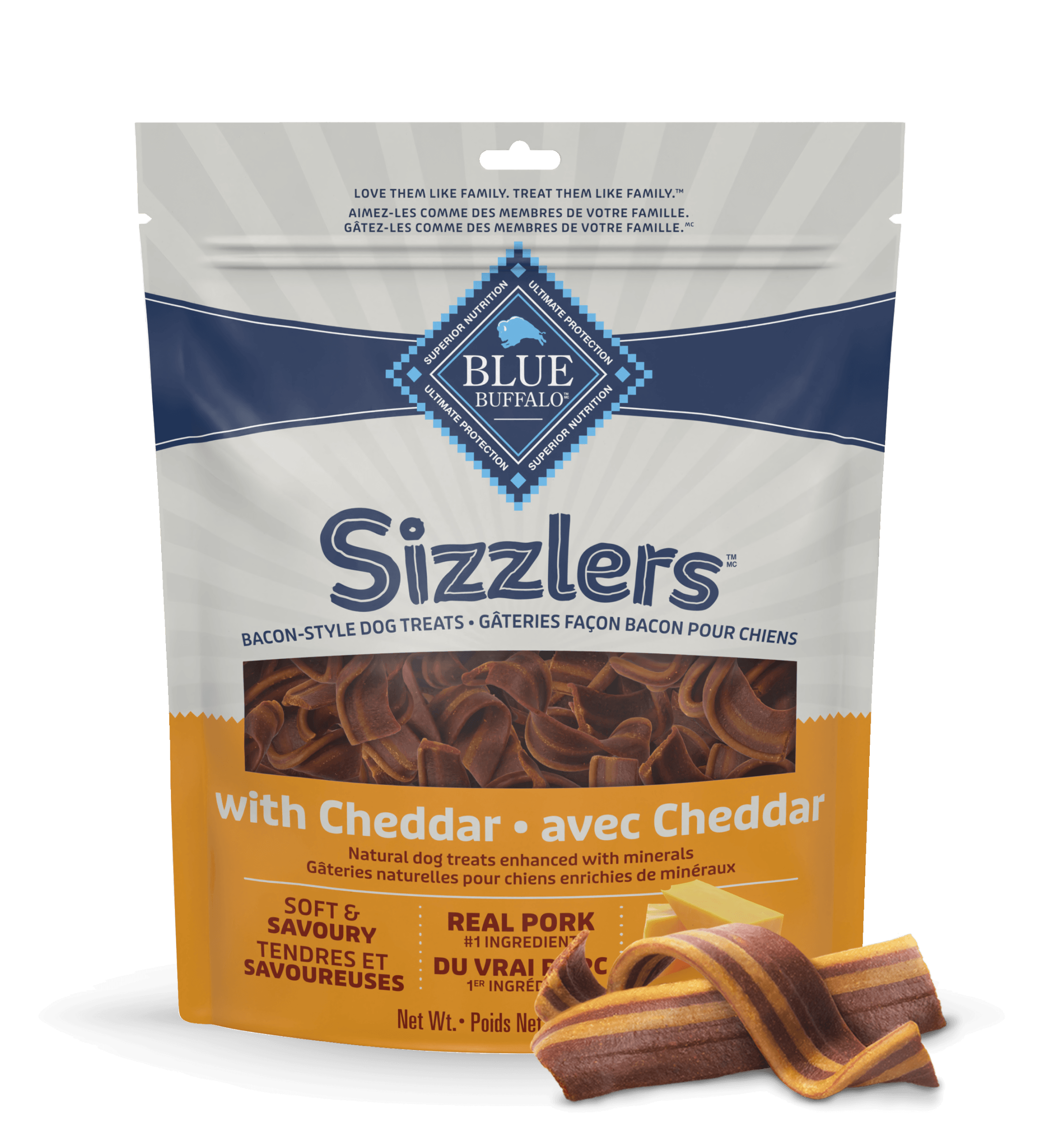 blue sizzlers bacon-style dog treats with cheddar dog treats