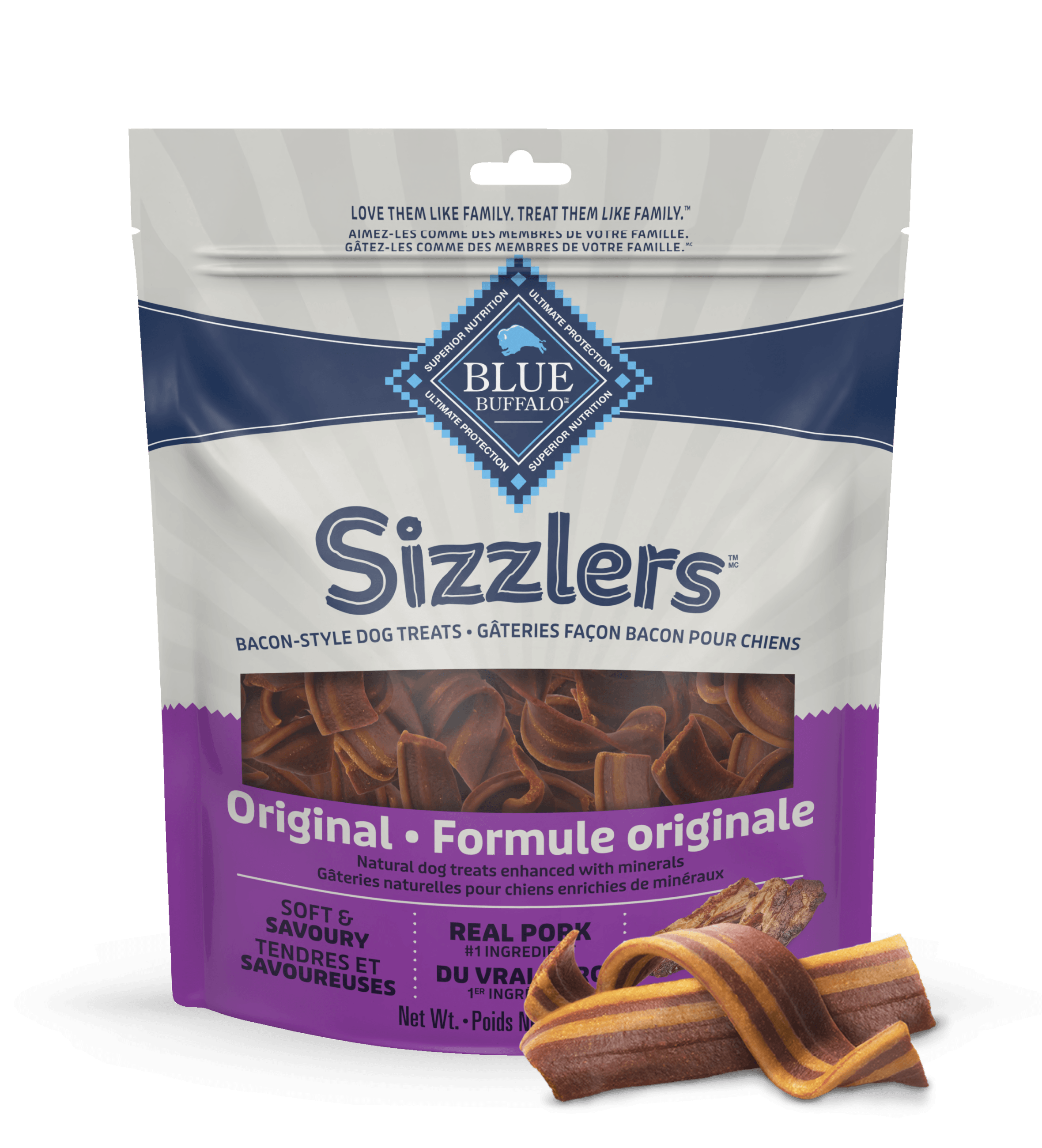 blue sizzlers bacon-style dog treats dog treats
