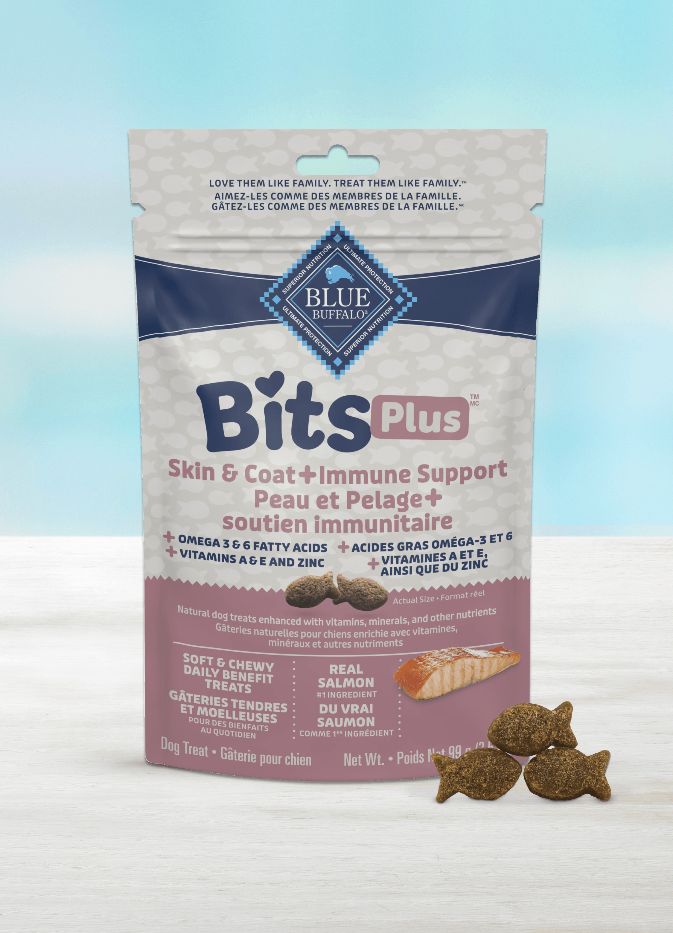 White and pink package of BLUE Bits Plus Skin & Coat + Immune Support dog treats.