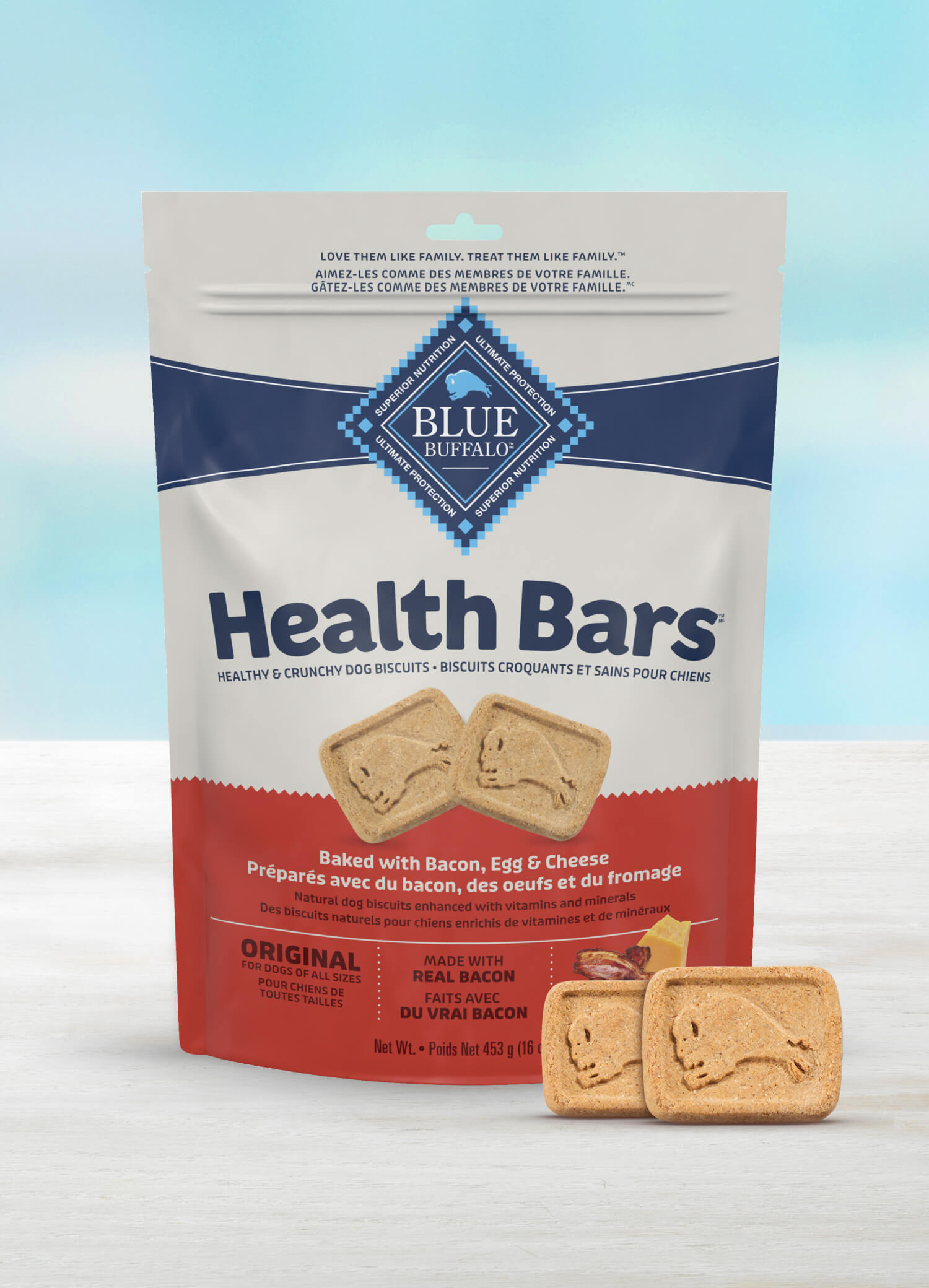 A Blue Buffalo Health Bars dog treat package, bacon, egg & cheese flavored.