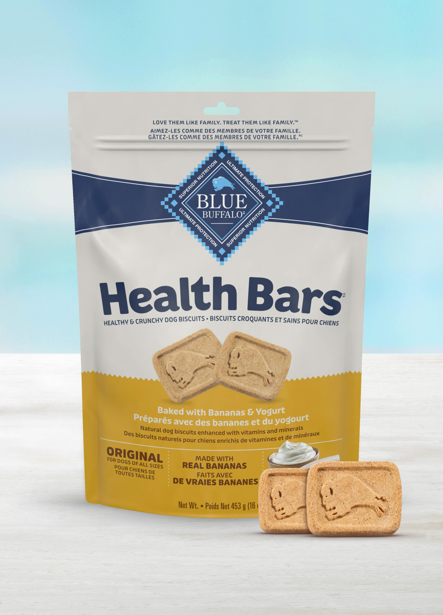 A package of Blue Buffalo Health Bars, baked dog treats with bananas and yogurt, suitable for all sizes of dogs.