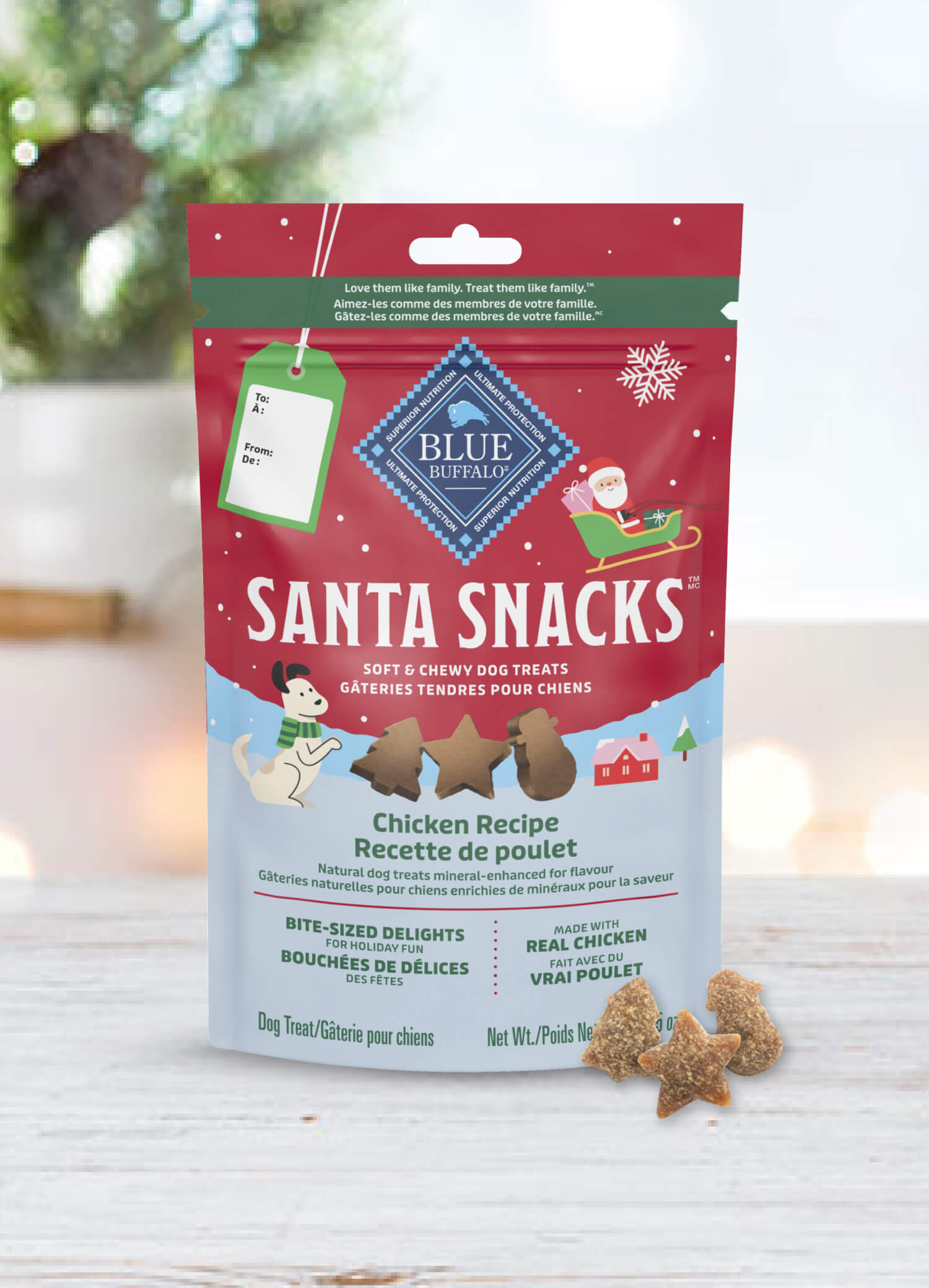 Blue Buffalo Santa Snacks dog treats with chicken recipe text