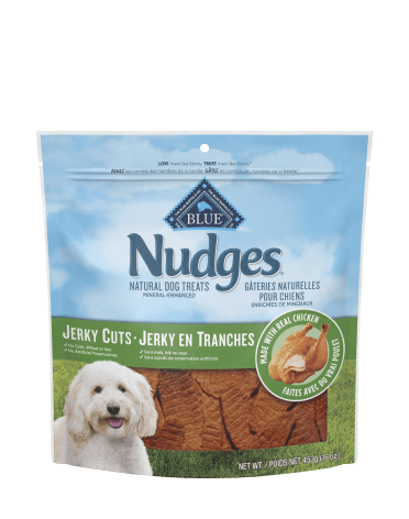 A bag of Nudges Natural Dog Treats, Jerky Cuts with real chicken, featuring a happy dog on the front.