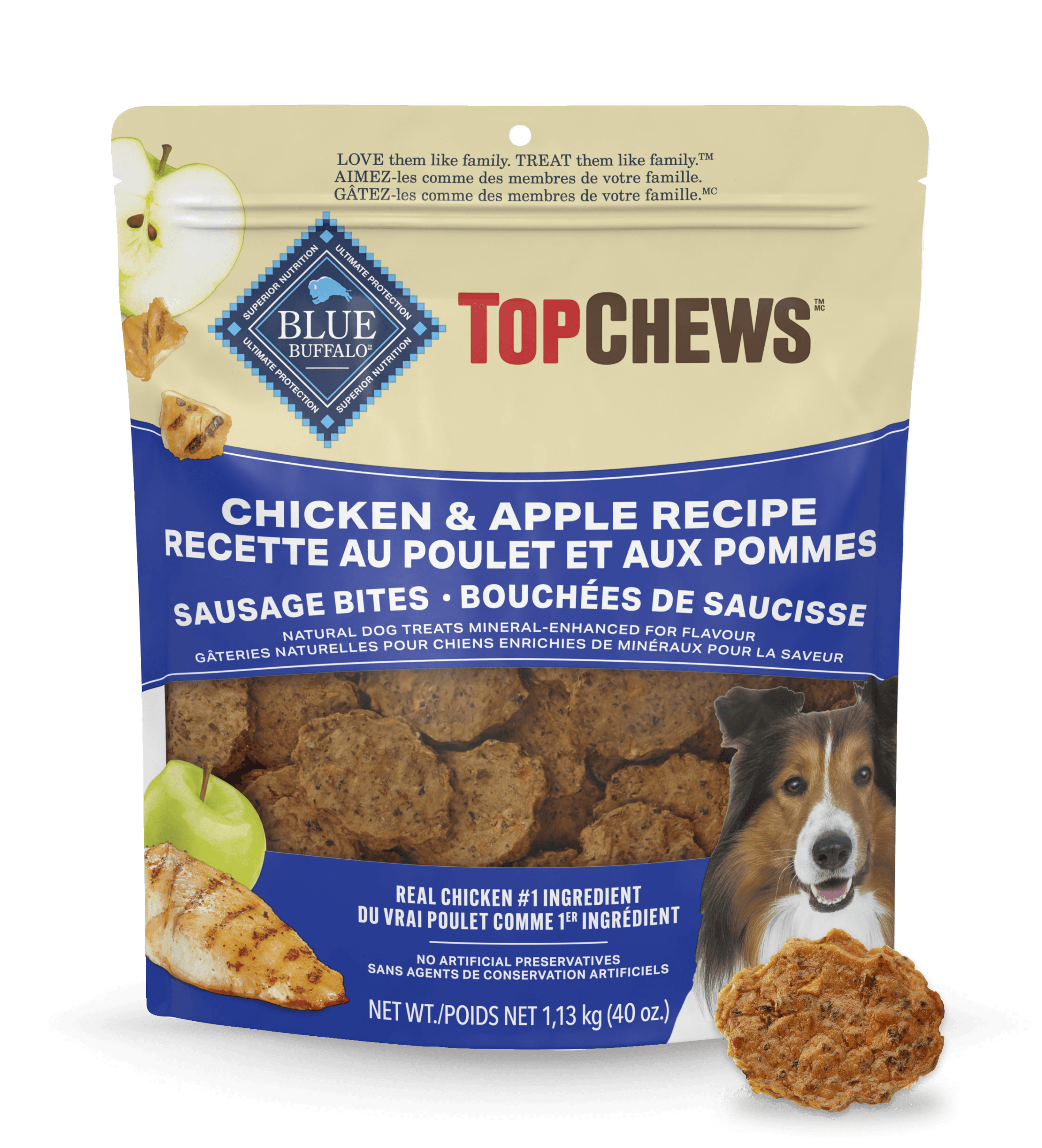 A bag of Top Chews Chicken & Apple Recipe sausage bites dog treats with product and treat visible.