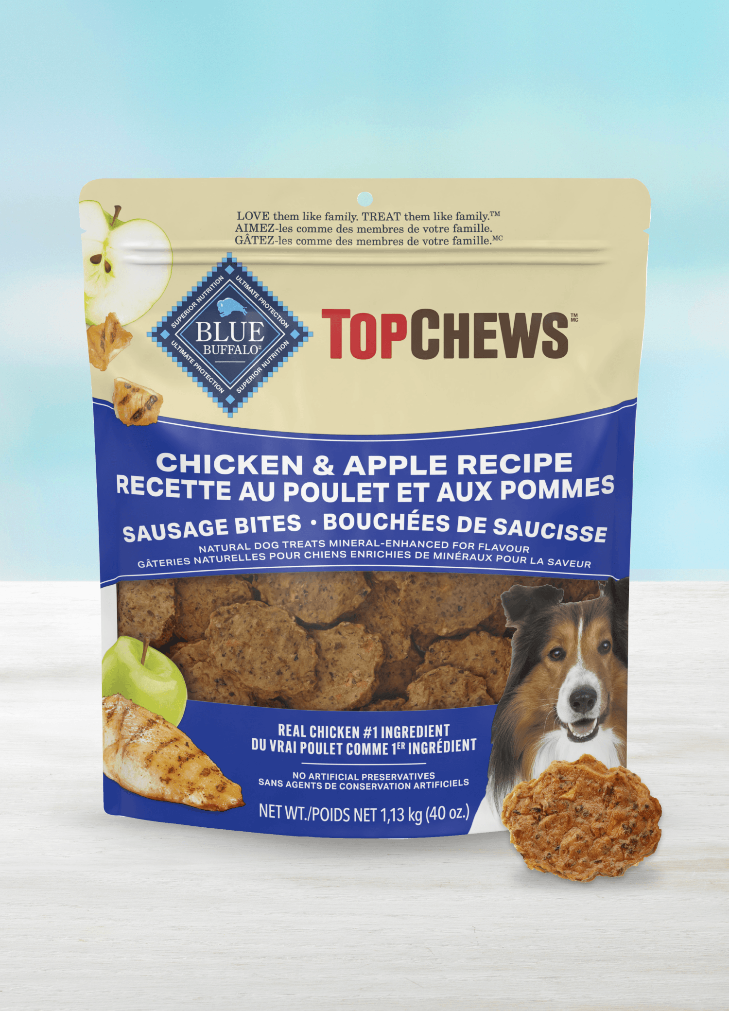 A bag of Top Chews Chicken & Apple Recipe dog treats sits on a light-colored surface.
