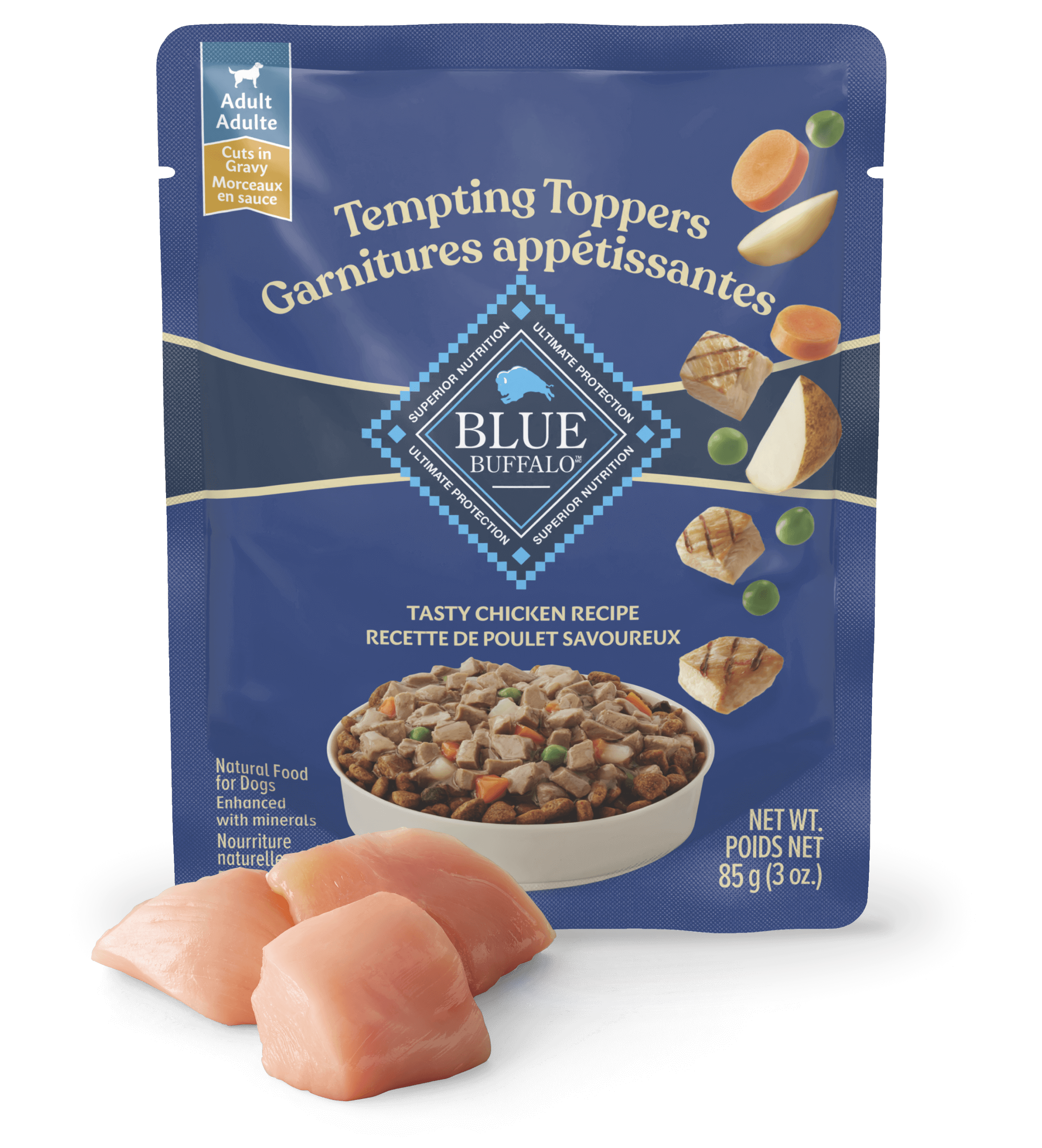 A bag of Blue Tempting Topper Tasty Chicken Recipe wet dog food