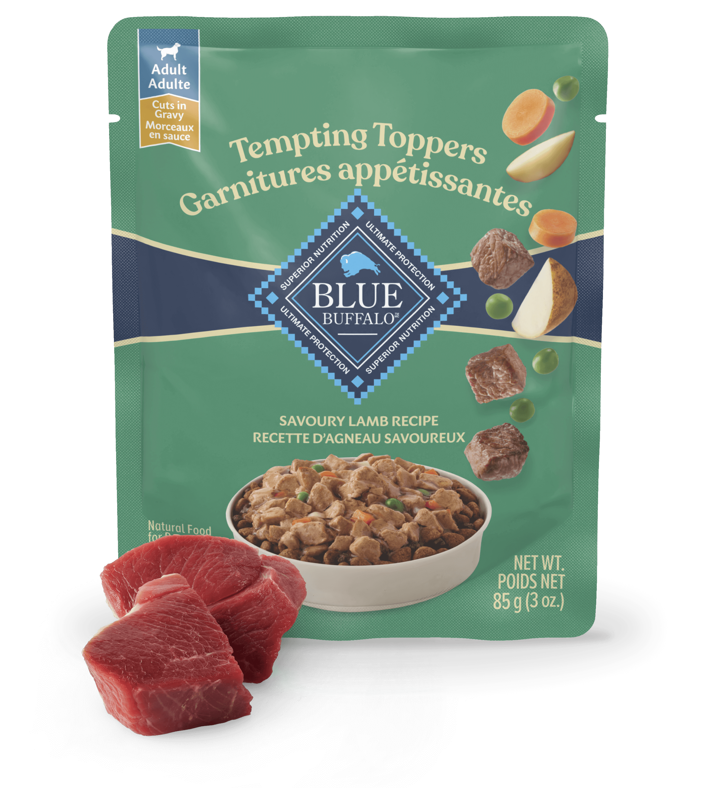 A bag of Blue Tempting Topper Savoury Lamb Recipe wet dog food