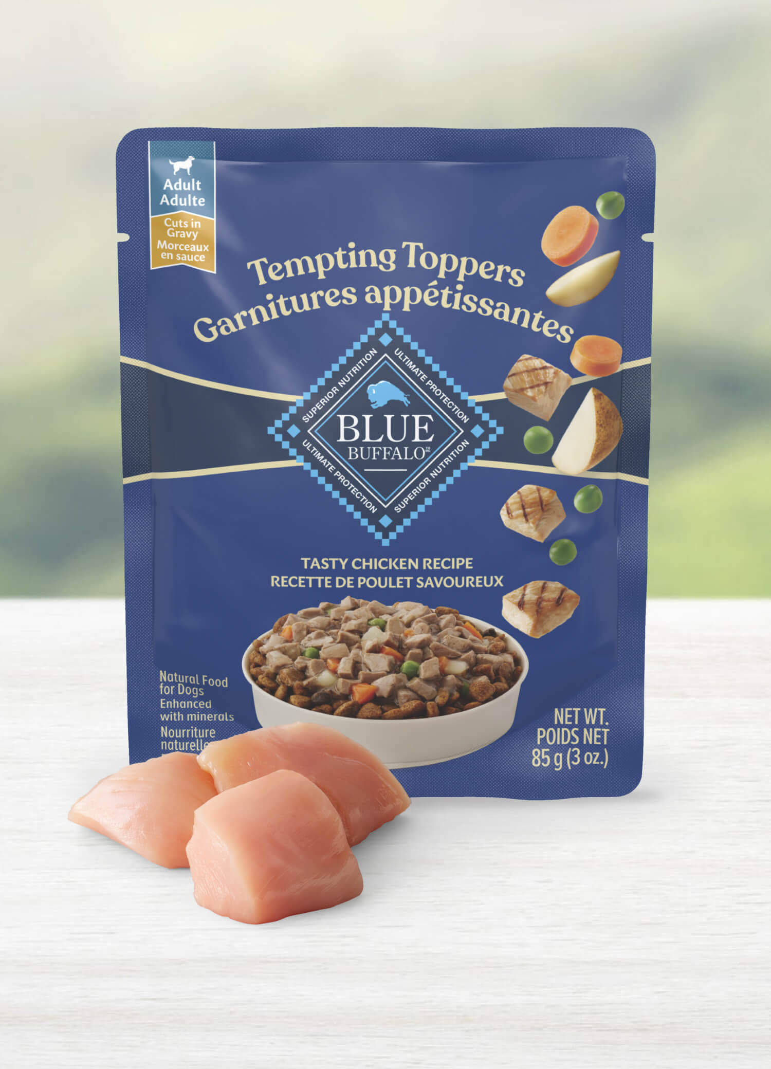 A bag of Blue Tempting Topper Tasty Chicken Recipe wet dog food