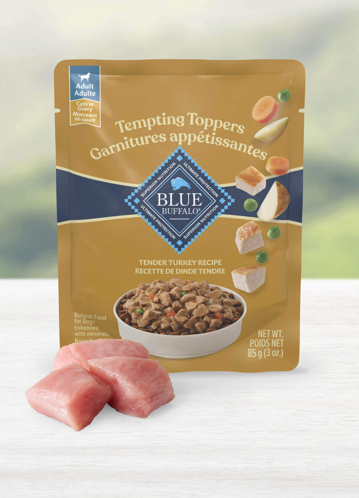 A bag of Blue Tempting Topper Tender Turkey Recipe wet dog food