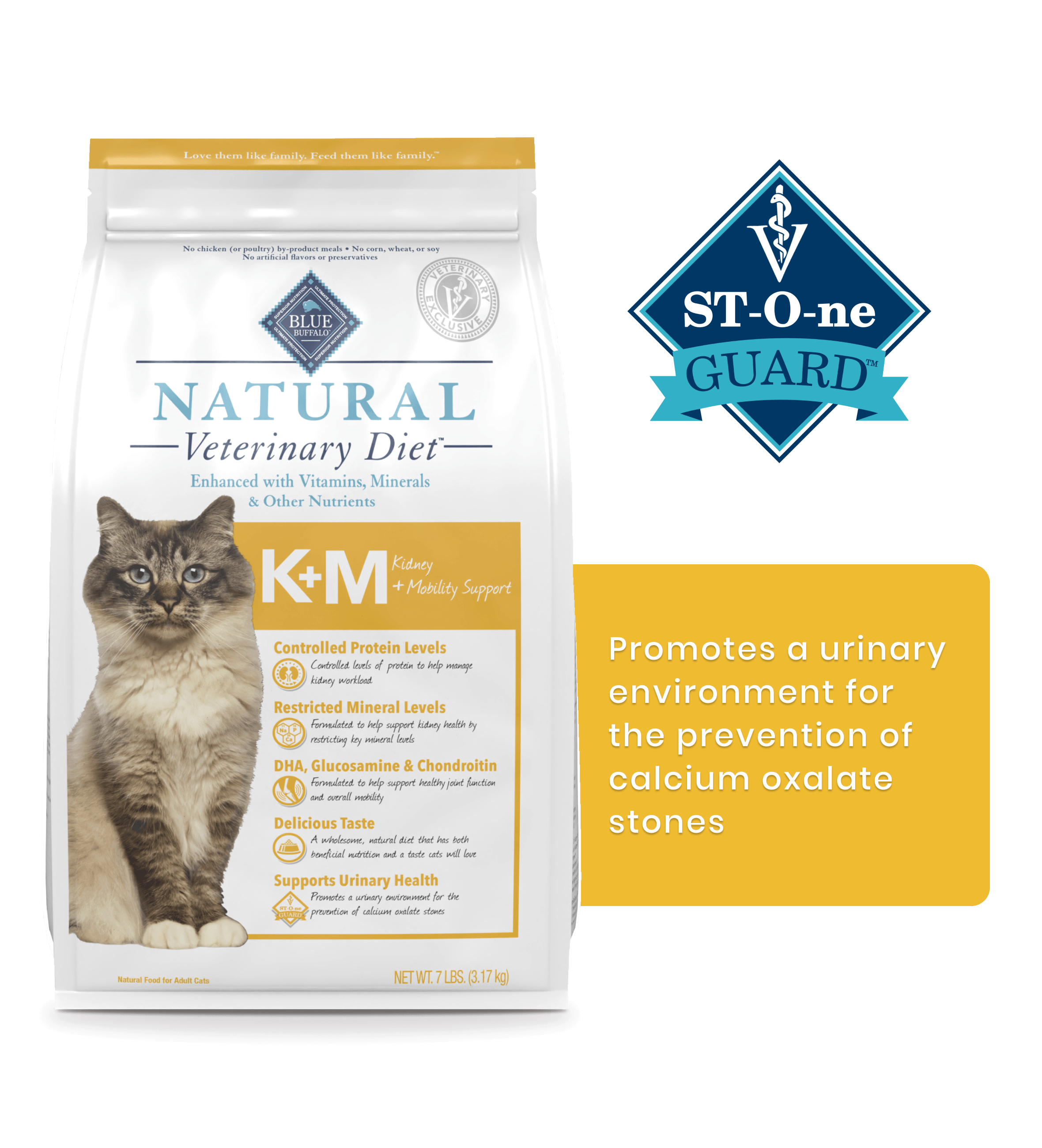 Bag of Blue Natural Veterinary Diet cat food for kidney, mobility, and urinary health support.