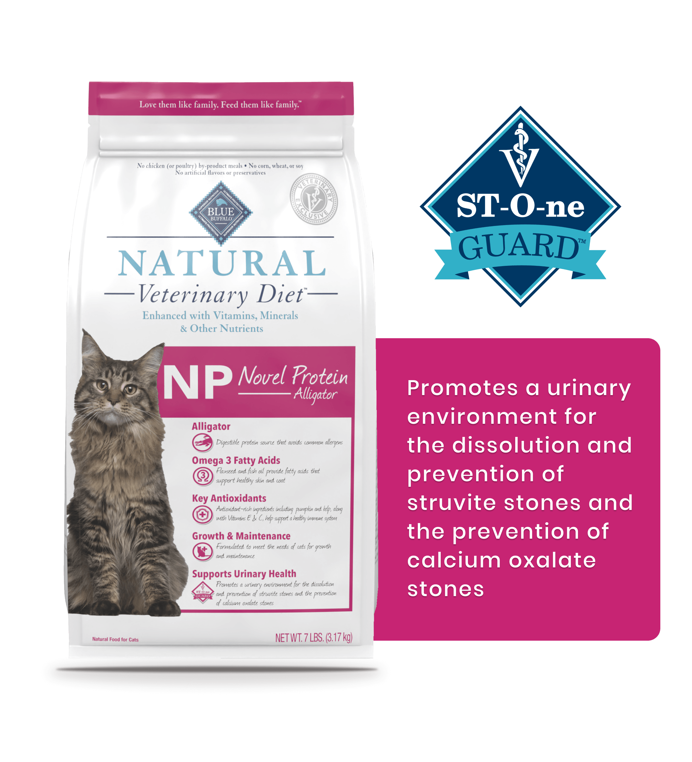 Bag of Natural Veterinary Diet NP Novel Protein Alligator cat food supporting urinary health.