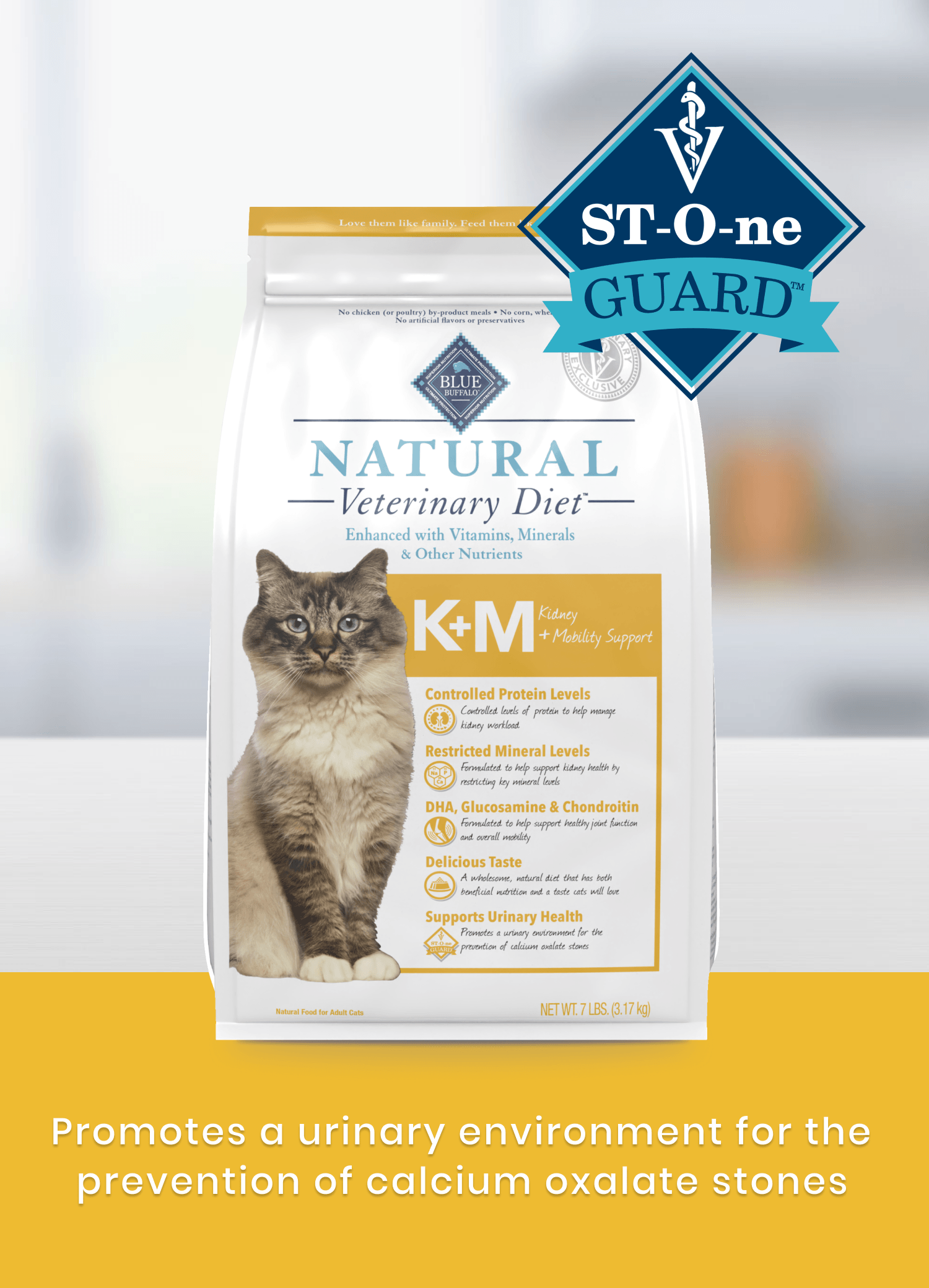 Bag of Natural Veterinary Diet cat food for urinary health support, featuring a cat and product details.