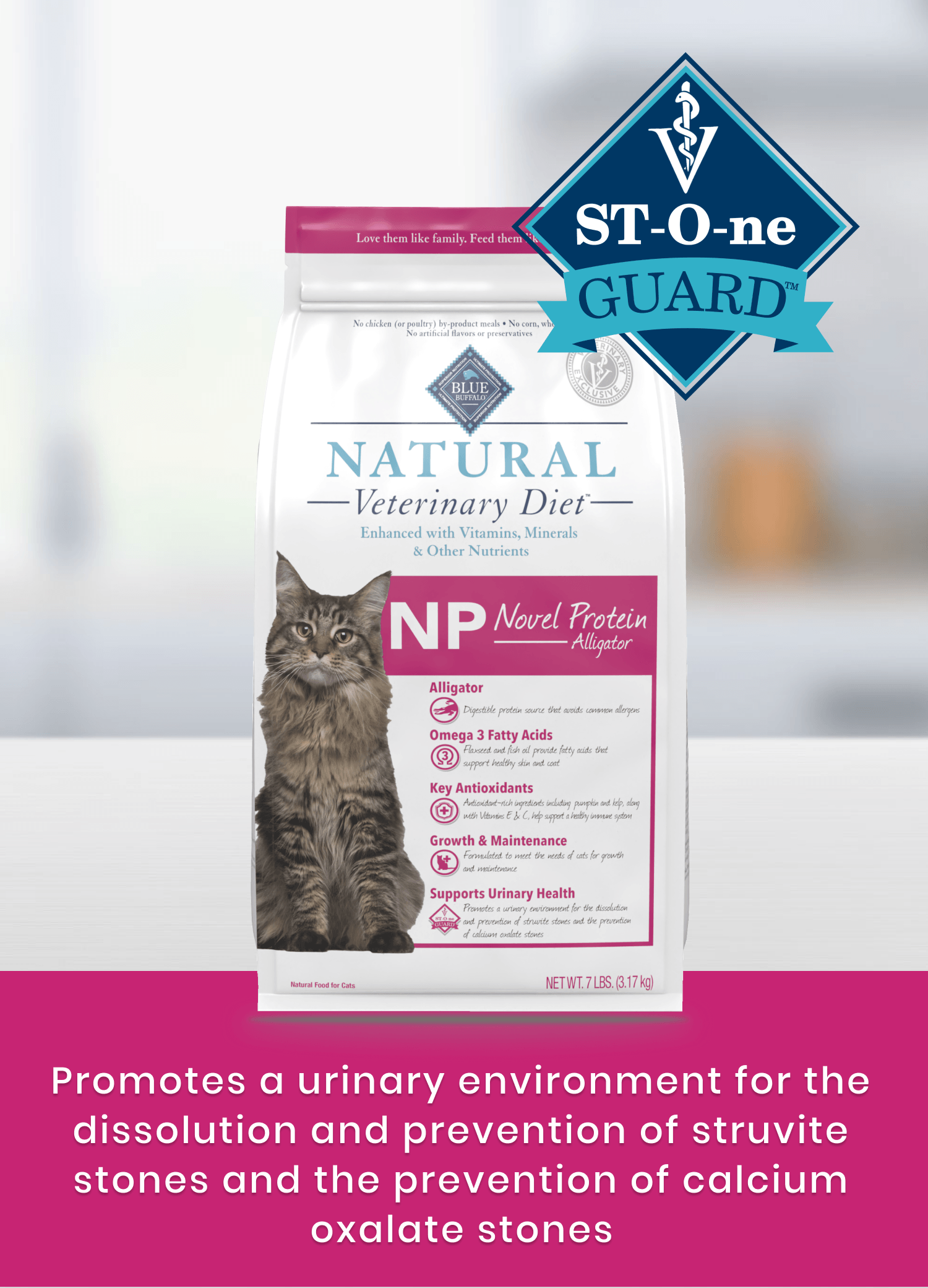 Bag of Hill's Natural Veterinary Diet NP Novel Protein Alligator cat food on a white surface.