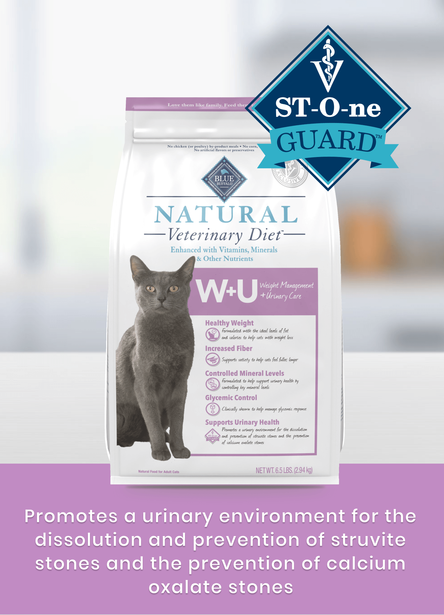 Bag of Natural Veterinary Diet W+U cat food on counter, labeled for urinary and weight management.