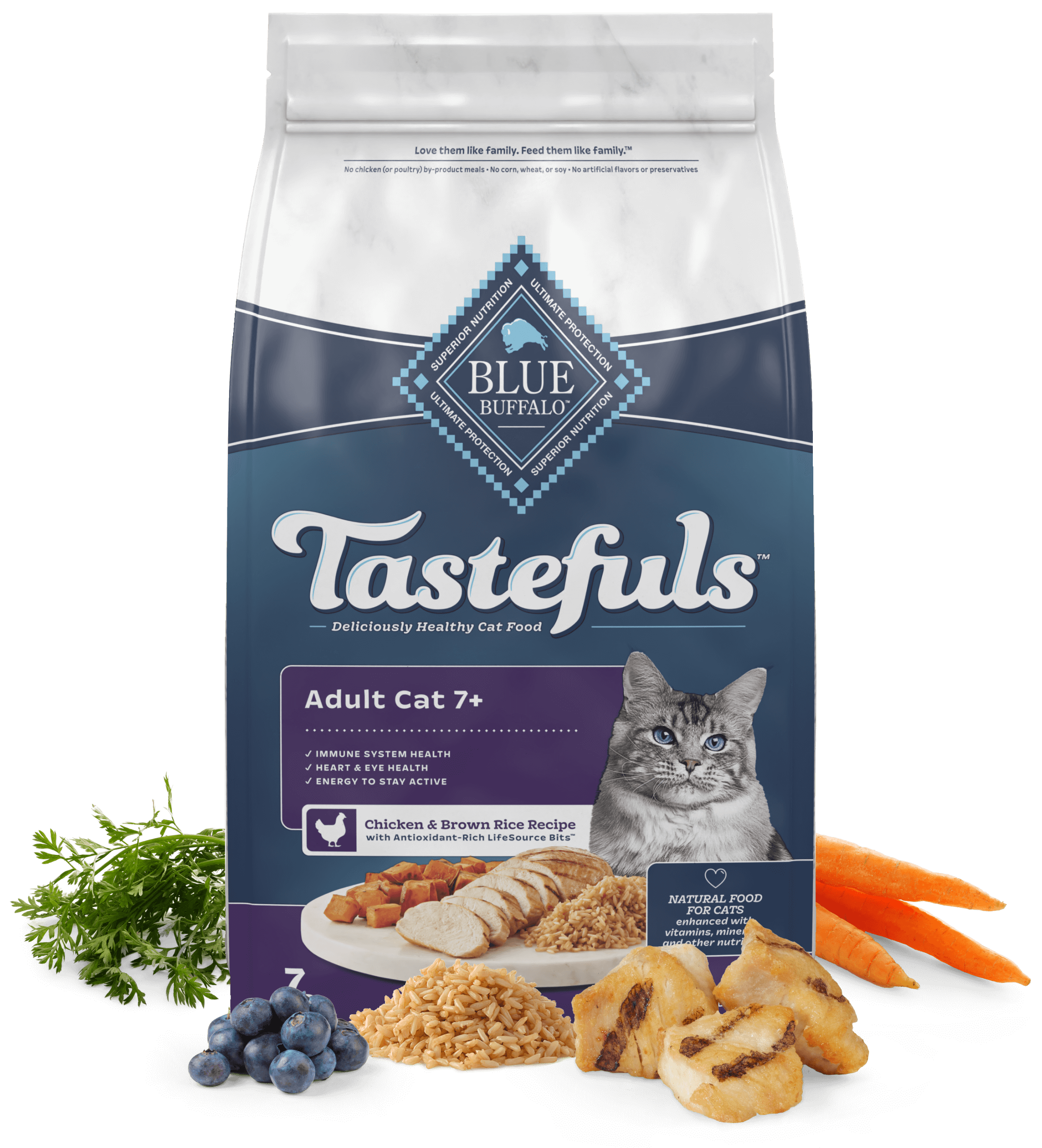 blue tastefuls adult cat 7+ chicken & brown rice recipe cat dry food