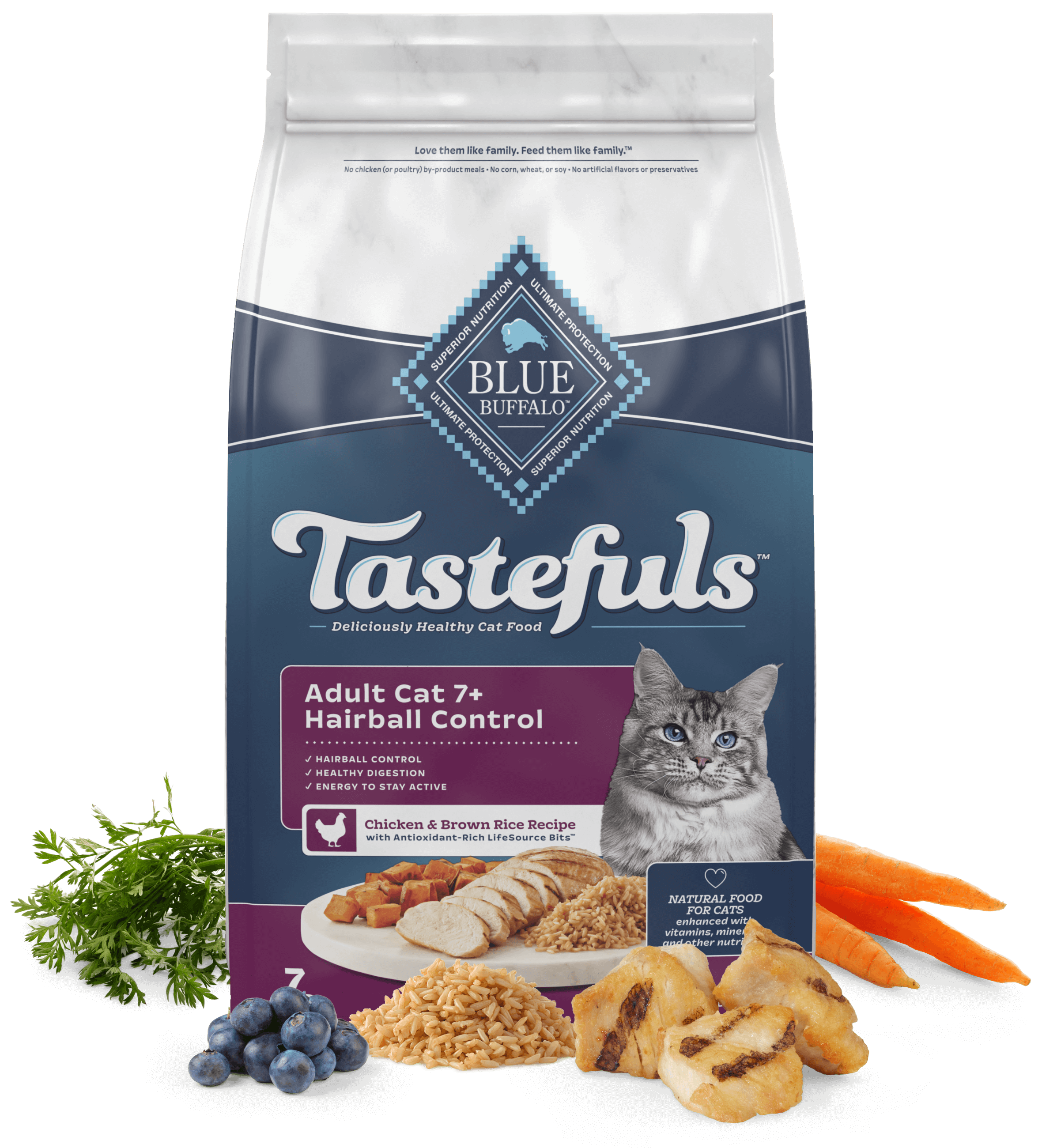 A bag of Blue Buffalo Tastefuls cat food for adult cat 7+, featuring chicken and brown rice recipe, shown with fresh ingredients.