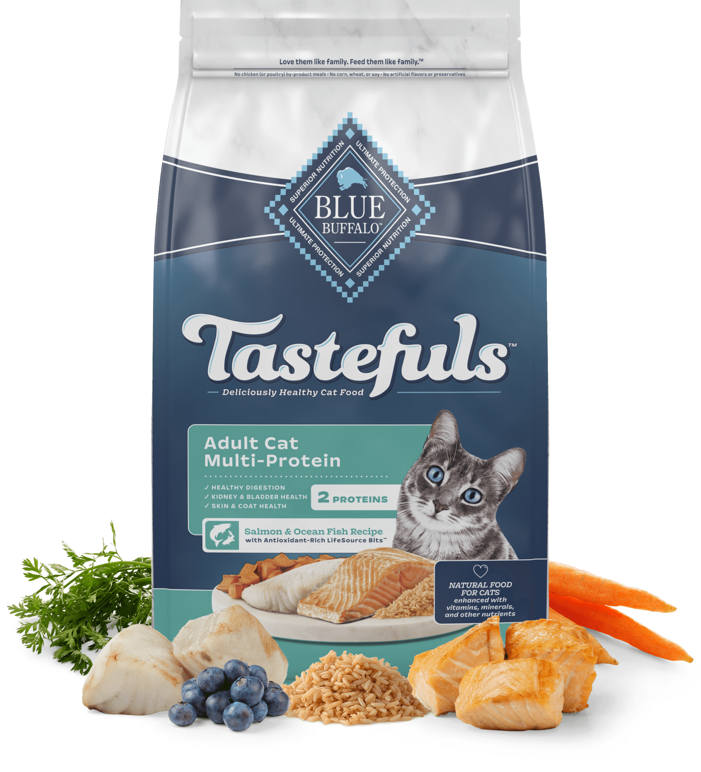 BLUE Tastefuls Adult Cat Multi-Protein Salmon & Ocean Fish Recipe, featuring blueberries and carrots, along with other high-quality ingredients highlighting a nutritious blend for feline health and wellness.