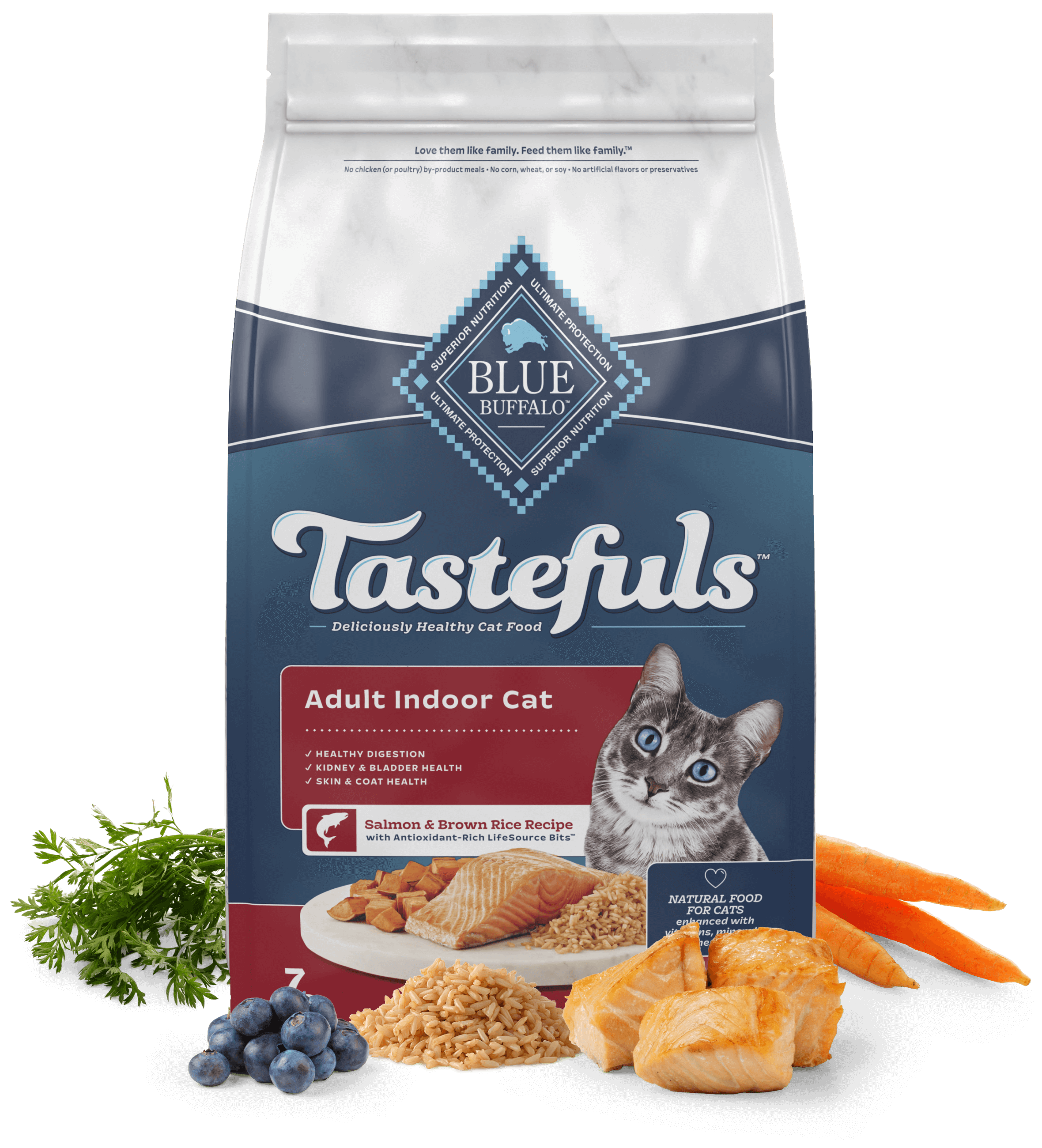 A bag of Blue Buffalo Tastefuls cat food for adult indoor cats, featuring salmon and brown rice recipe, shown with fresh ingredients like greens, carrots, and fish.