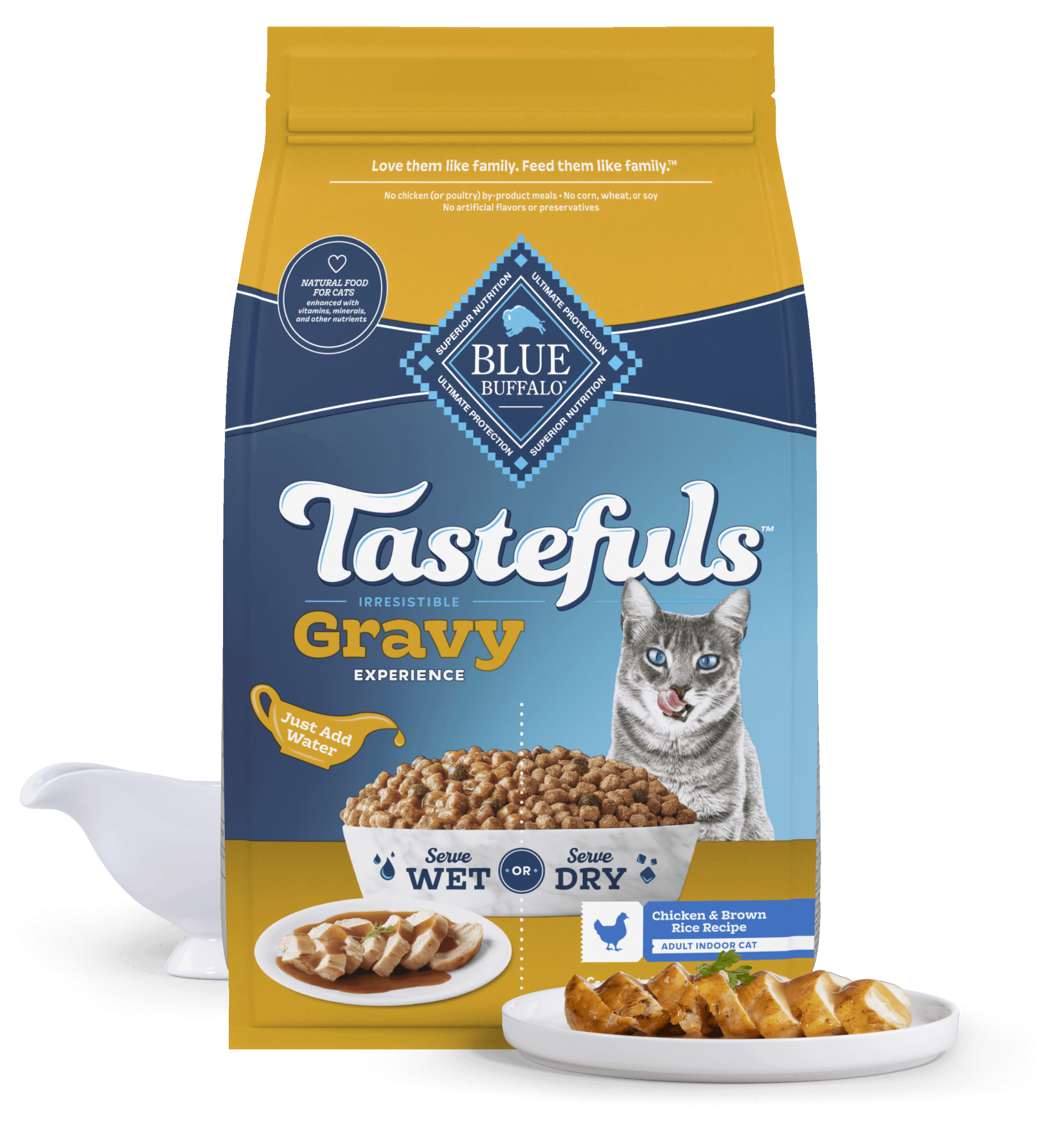 Blue Buffalo Tastefuls cat food with gravy, chicken and brown rice recipe
