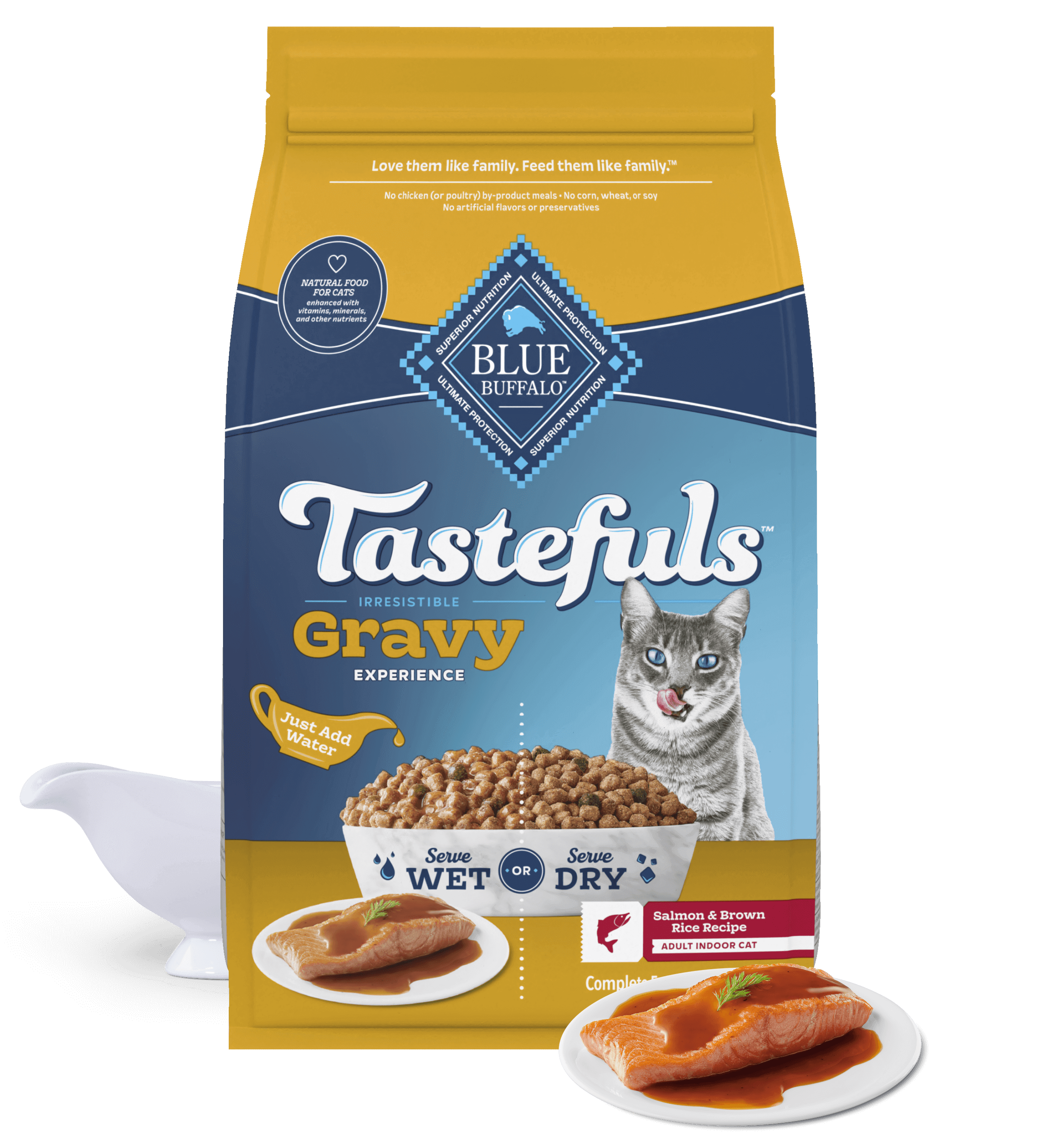 Blue Buffalo Tastefuls cat food bag with gravy, salmon and rice recipe