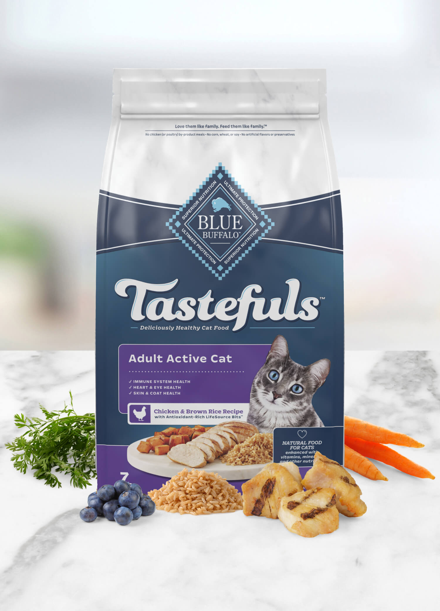 A bag of Blue Buffalo Tastefuls cat food, Adult Active Chicken & Brown Rice Recipe, with images of fresh ingredients like carrots, greens, and chicken pieces in the foreground.