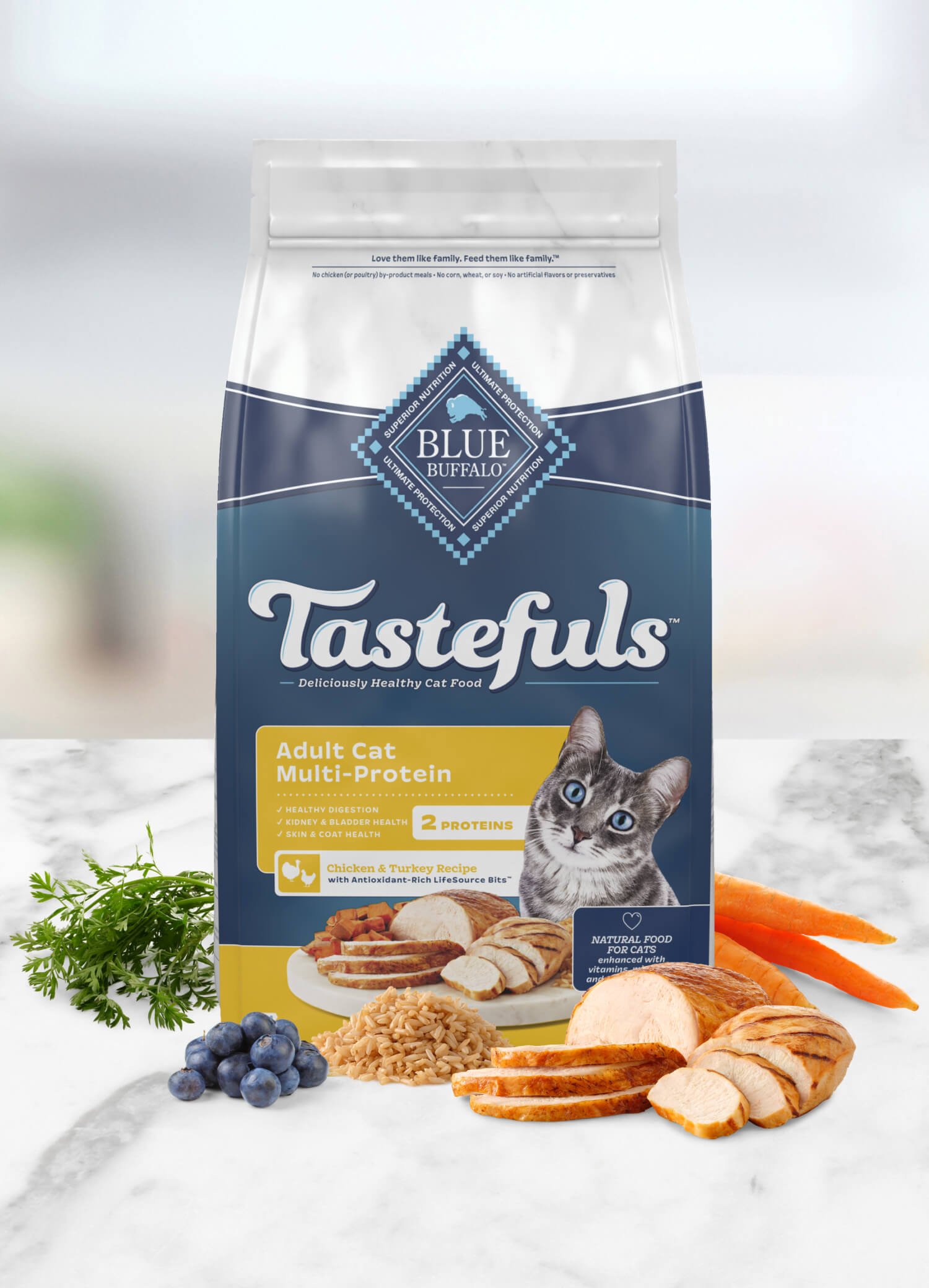 Blue Tastefuls Adult Cat Multi-Protein Chicken & Turkey Recipe, featuring chicken and carrots along with other high-quality ingredients, provides a nutritious and delicious meal to support feline health and enjoyment.